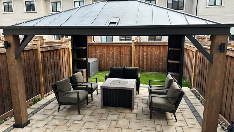 12x14 Gazebo with Wood Shelves, Solar Speaker, and LED Lights