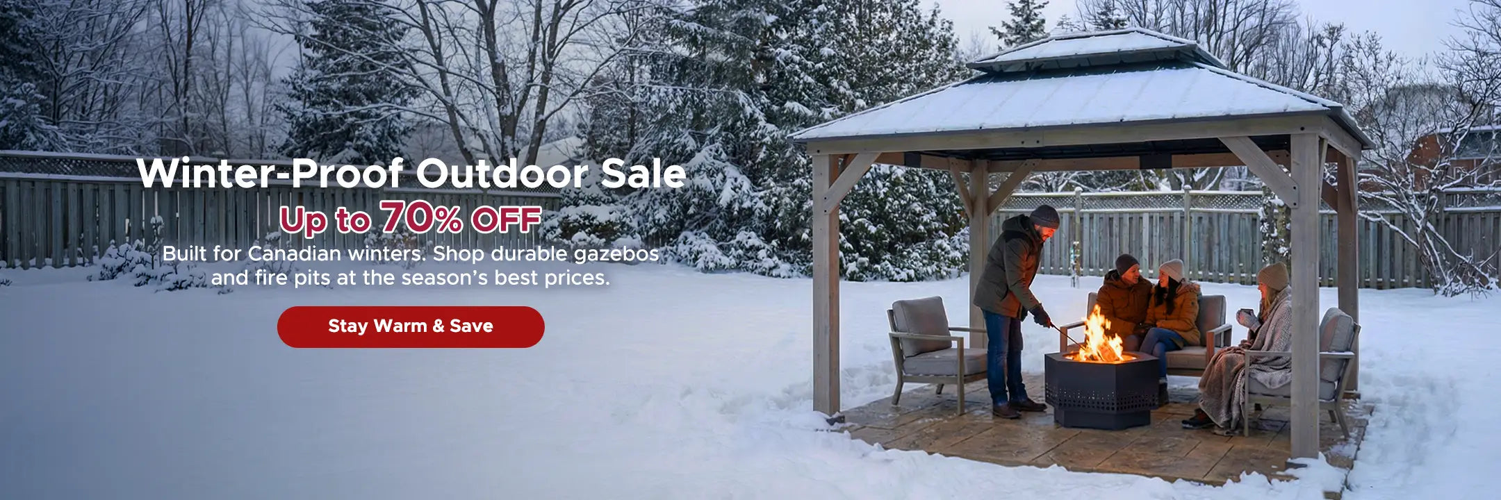 Winter-Proof Outdoor Sale: A family enjoys the warm moments brought by the fire pit outdoors under the gazebo