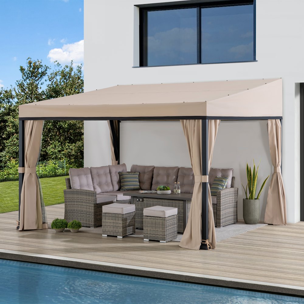 SUNJOY Merriam Wall Mounted Gazebo, Black Aluminum & Metal Frame Lean to Gazebo with Curtains and Netting