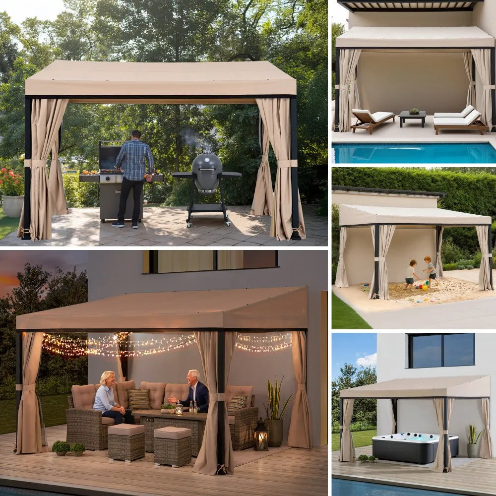 SUNJOY Merriam Wall Mounted Gazebo, Black Aluminum & Metal Frame Lean to Gazebo with Curtains and Netting