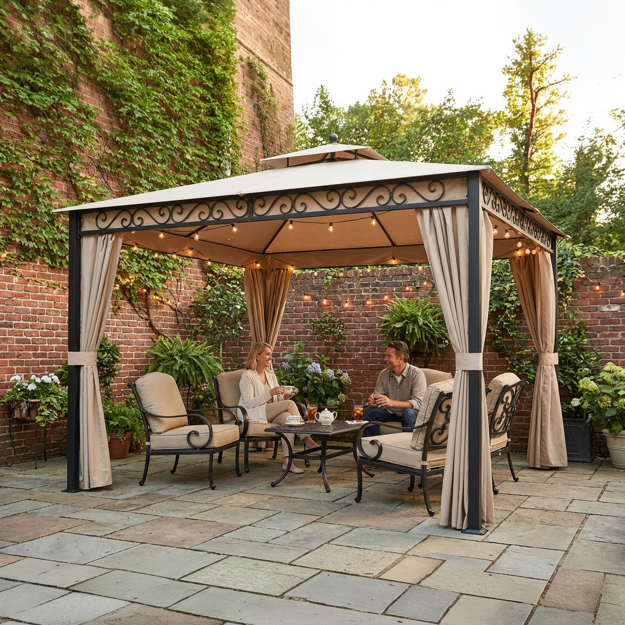 SUNJOY 10x12 ft. Steel Frame Gazebo Outdoor Patio 2-tier Soft Top Gazebo with Decorative Vine, Netting, Curtains, and Ceiling Hook