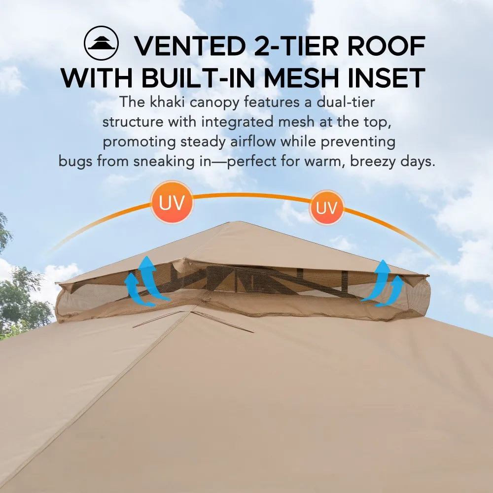 SUNJOY 11x11 Soft Top Patio Gazebo, Steel Gazebo with 2-tier Khaki Canopy, Netting and Shelves