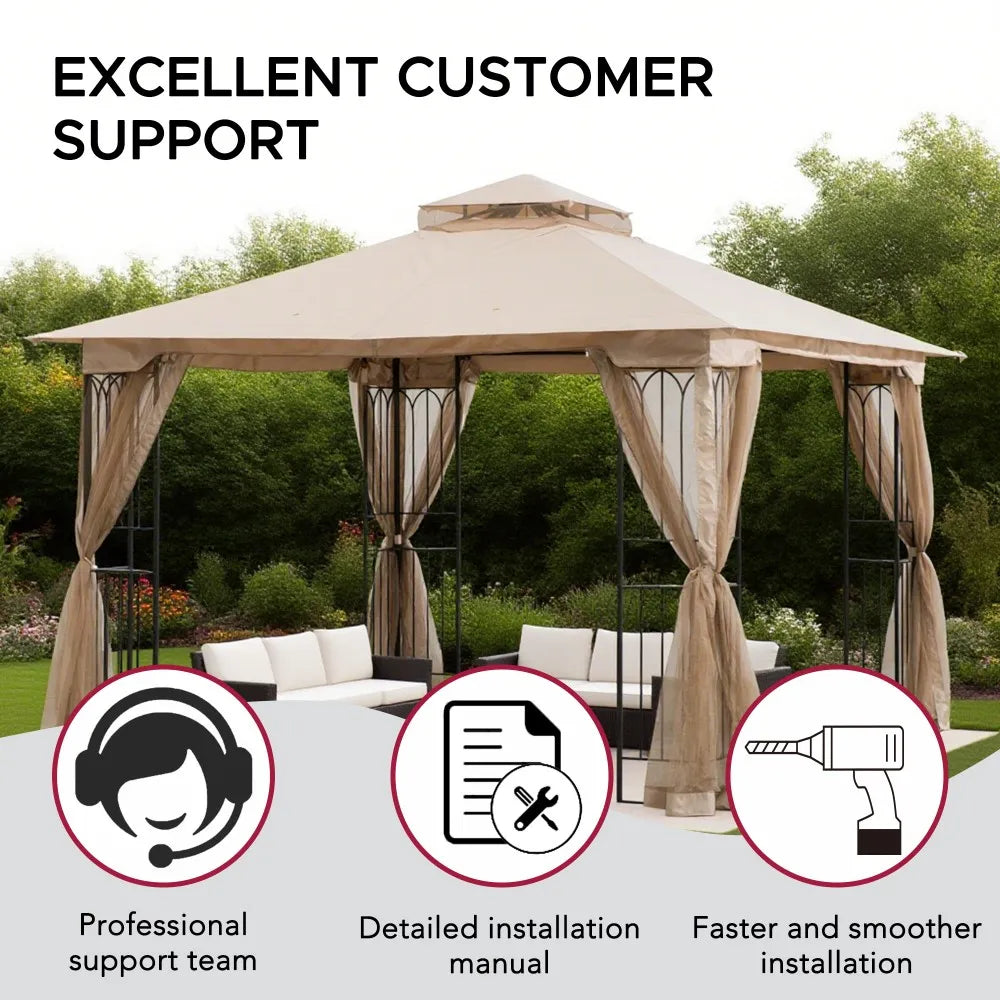SUNJOY 11x11 Soft Top Patio Gazebo, Steel Gazebo with 2-tier Khaki Canopy, Netting and Shelves