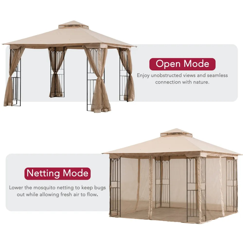 SUNJOY 11x11 Soft Top Patio Gazebo, Steel Gazebo with 2-tier Khaki Canopy, Netting and Shelves