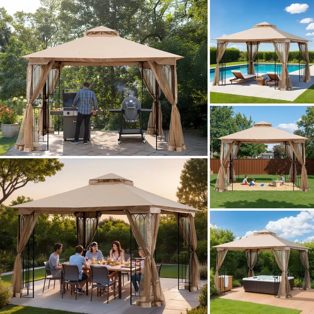 SUNJOY 11x11 Soft Top Patio Gazebo, Steel Gazebo with 2-tier Khaki Canopy, Netting and Shelves