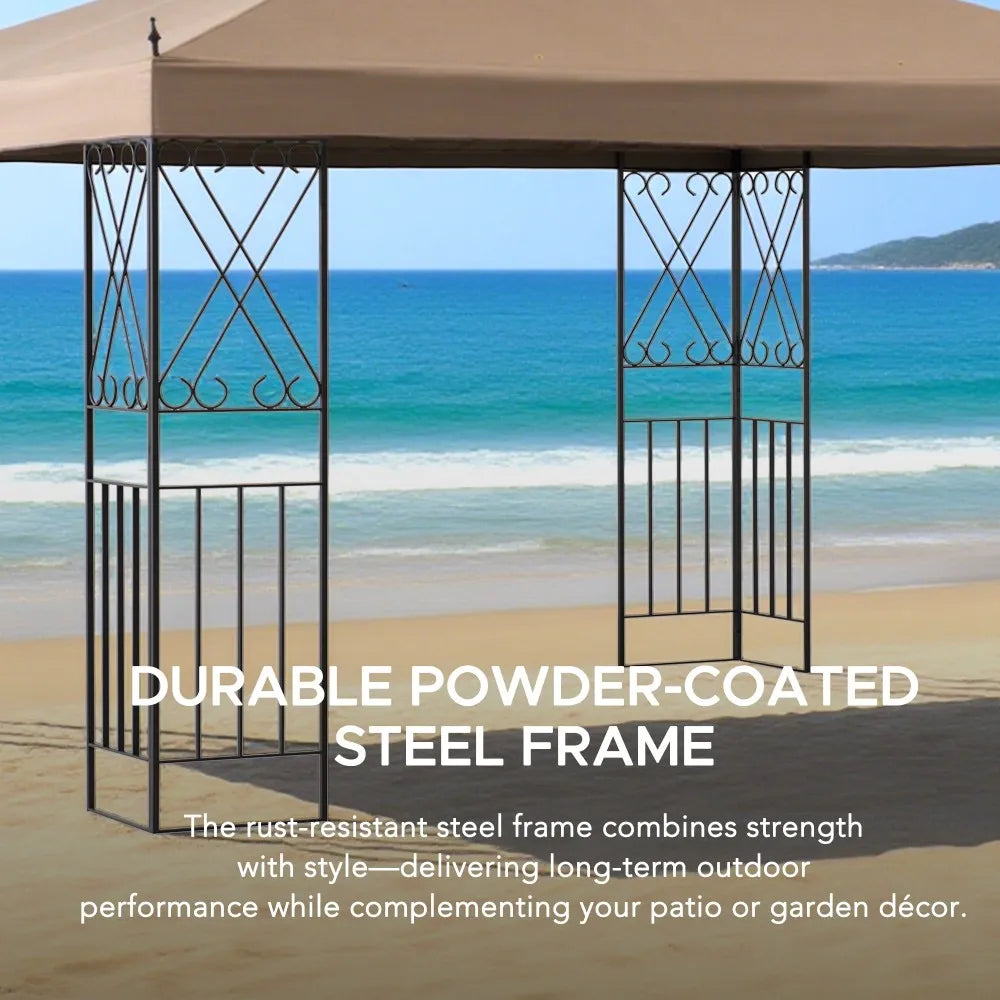 SUNJOY 11x11 Soft Top Patio Gazebo, Steel Gazebo with 2-tier Khaki Canopy, Netting and Shelves