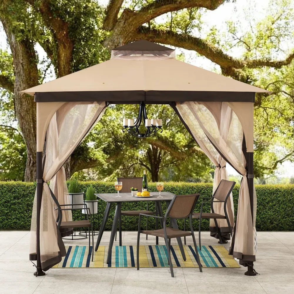SUNJOY Soft Top Gazebo 9x9 Steel Frame 2-Tier Gazebo with Netting - Beige 