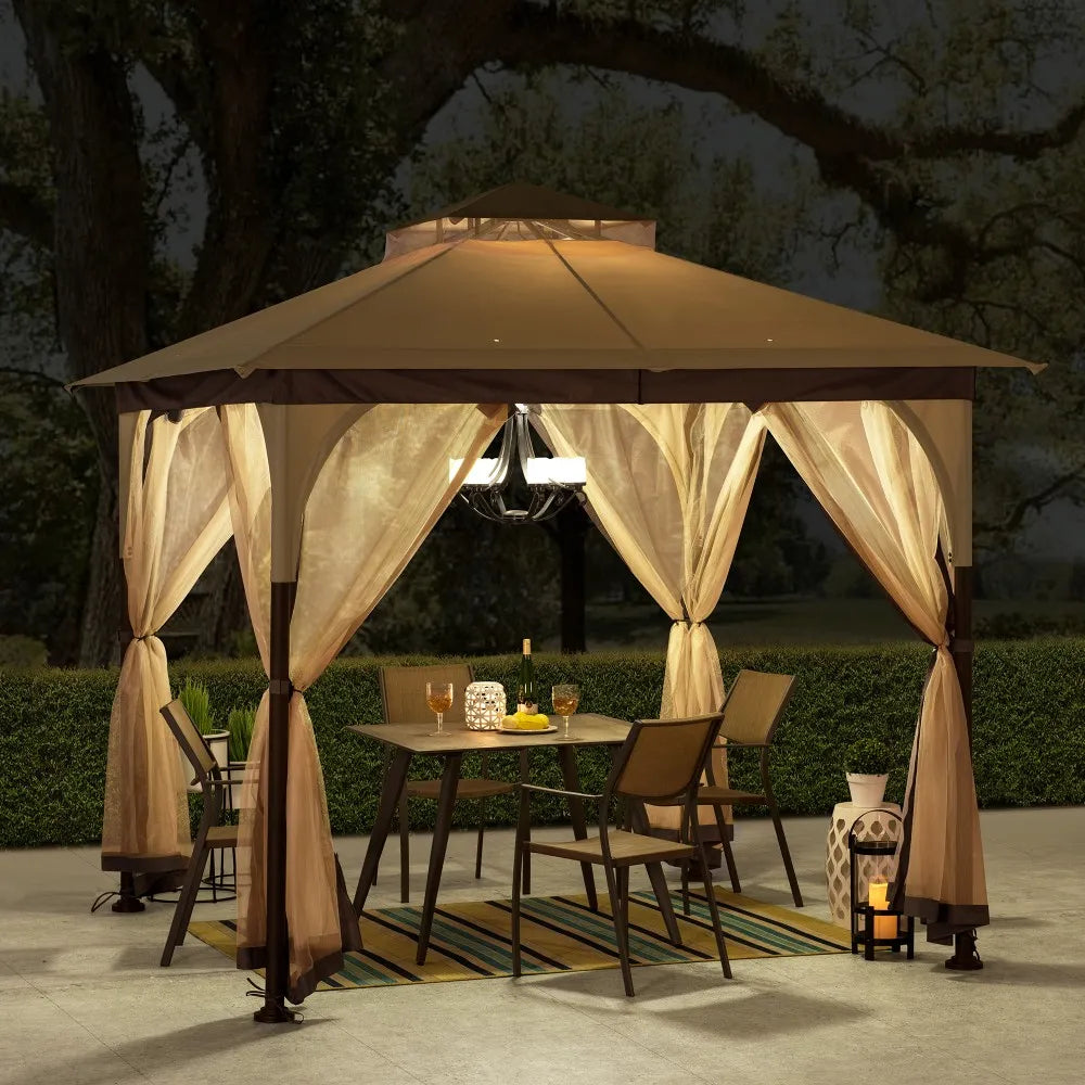 SUNJOY Soft Top Gazebo 9x9 Steel Frame 2-Tier Gazebo with Netting - Beige 