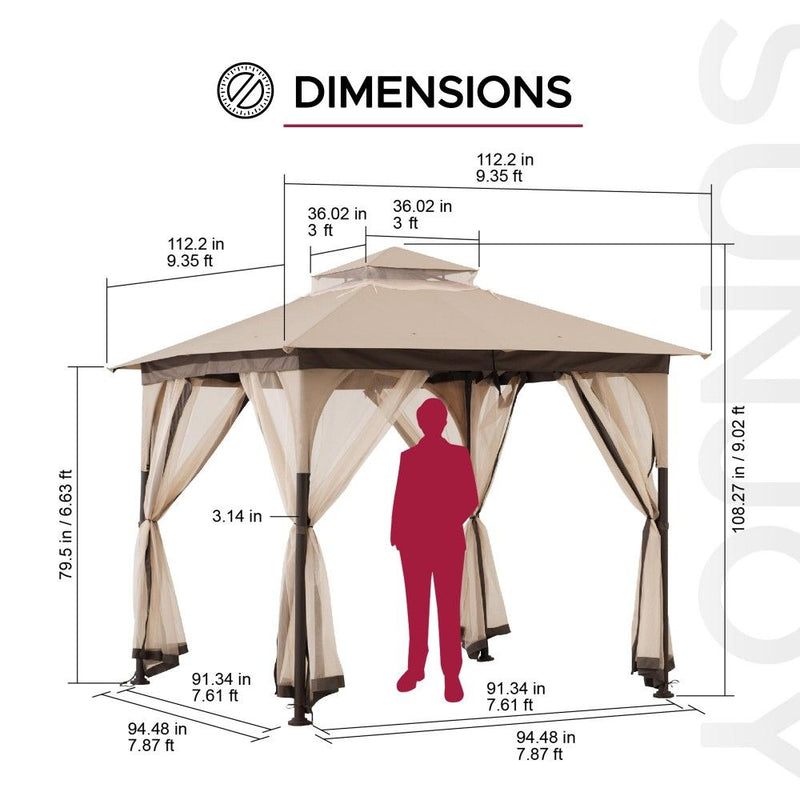 SUNJOY 9x9 Steel Frame 2-Tier Gazebo with Netting | Durable Steel Gazebo for Outdoor Spaces