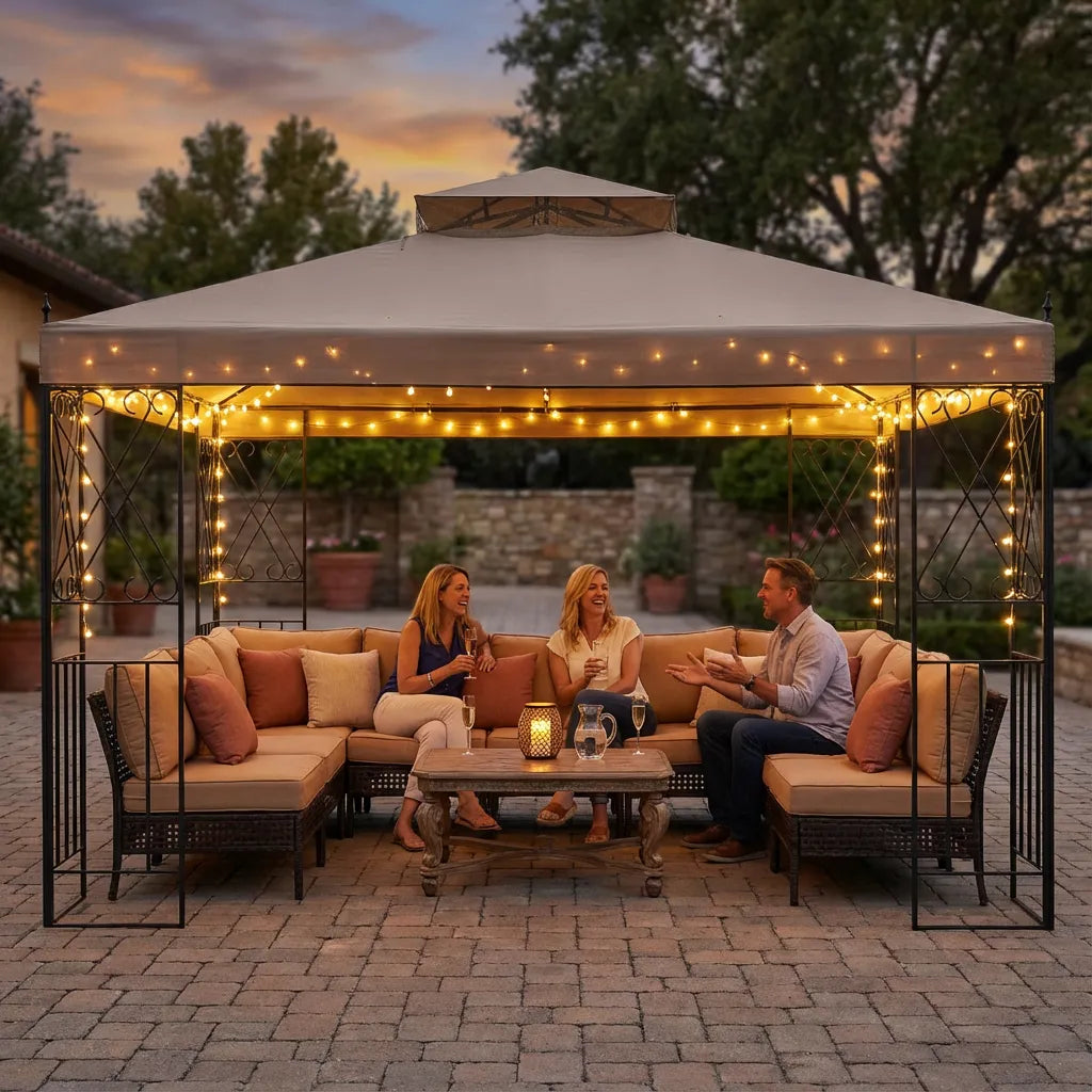 SUNJOY Outdoor Patio 10x12 Khaki 2-Tier Steel Backyard Soft Top Gazebo with Ceiling Hook