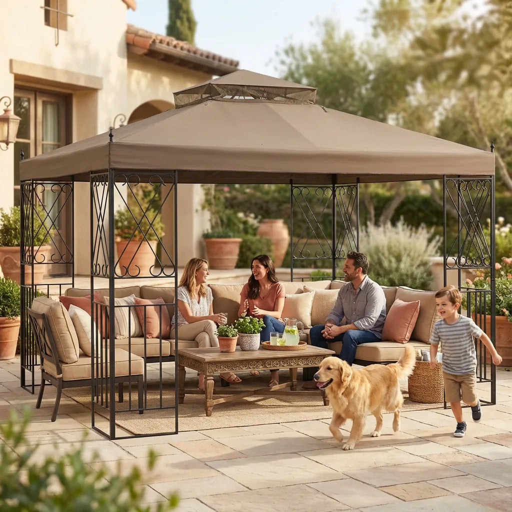 SUNJOY Outdoor Patio 10x12 Khaki 2-Tier Steel Backyard Soft Top Gazebo with Ceiling Hook