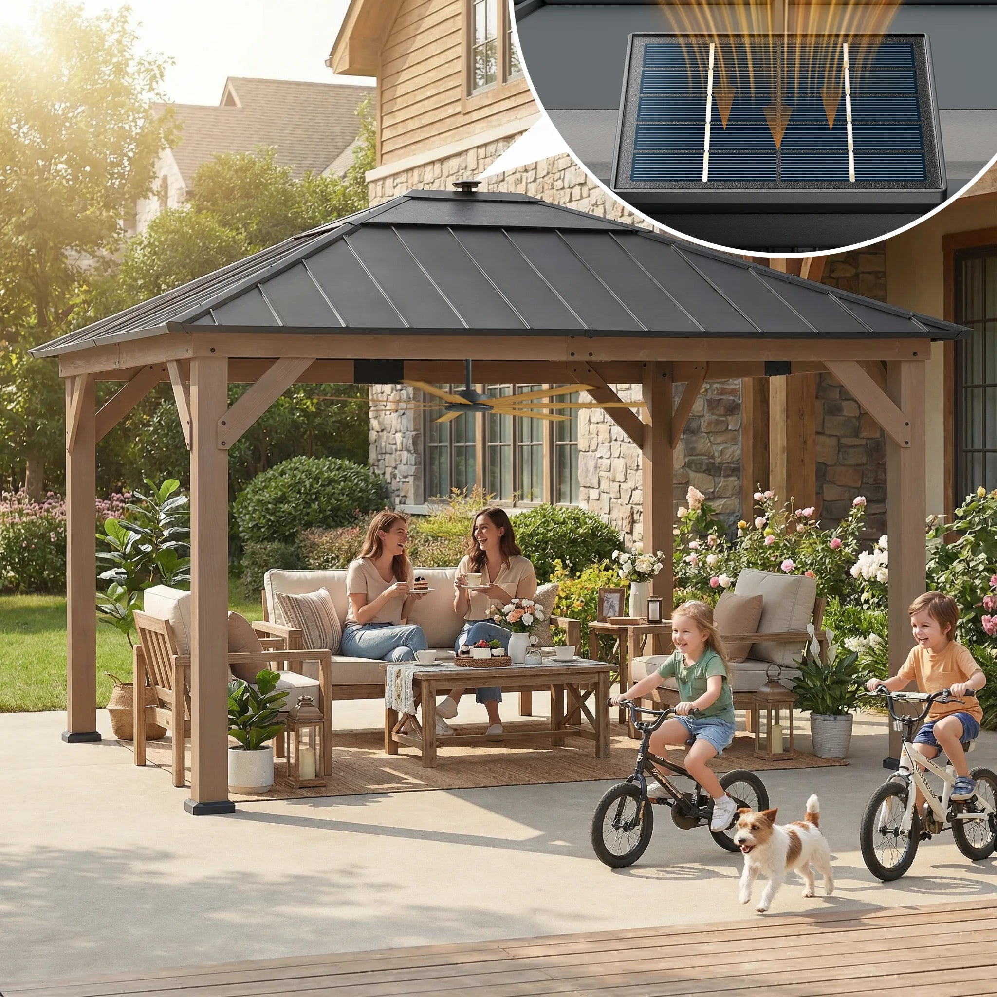 SUNJOY 11x13 Wooden Gazebo with Solar Panel, LED Lights and Ceiling Hook - Weathered Cedar