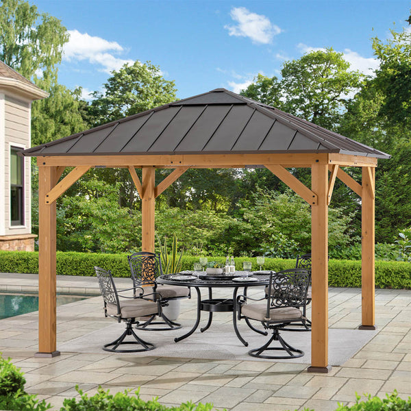 SUNJOY Hard Top Gazebo, 11 x 11 Wooden Gazebo, Cedar Framed Gazebo with Steel Hip Roof and Polycarbonate Skylight