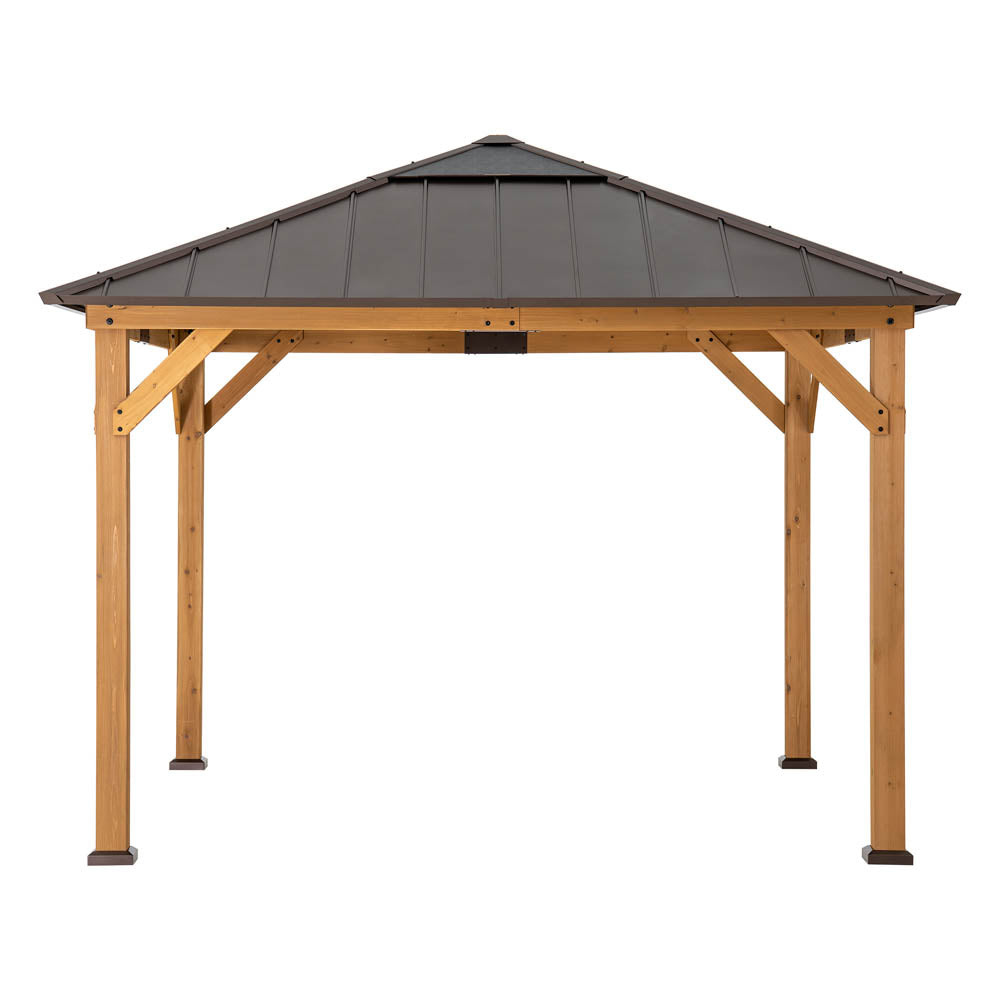 SUNJOY Hard Top Gazebo, 11 x 11 Wooden Gazebo, Cedar Framed Gazebo with Steel Hip Roof and Polycarbonate Skylight 