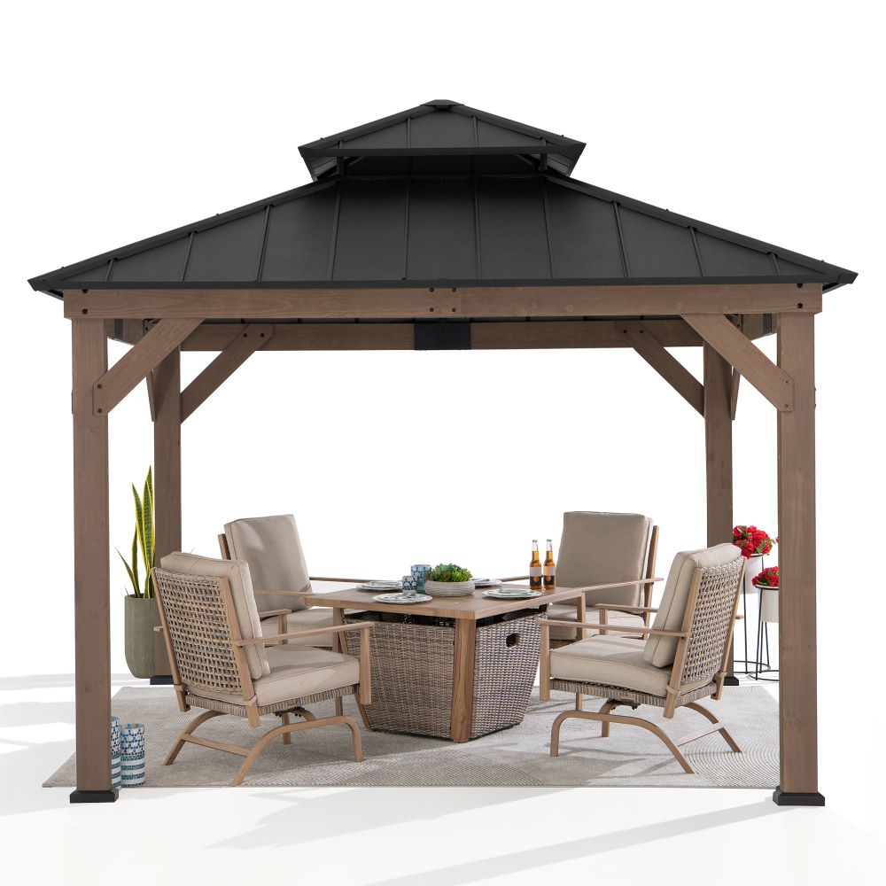 SUNJOY Outdoor Patio 11x11 2-Tier Wooden Frame Backyard Hardtop Gazebo with Ceiling Hook