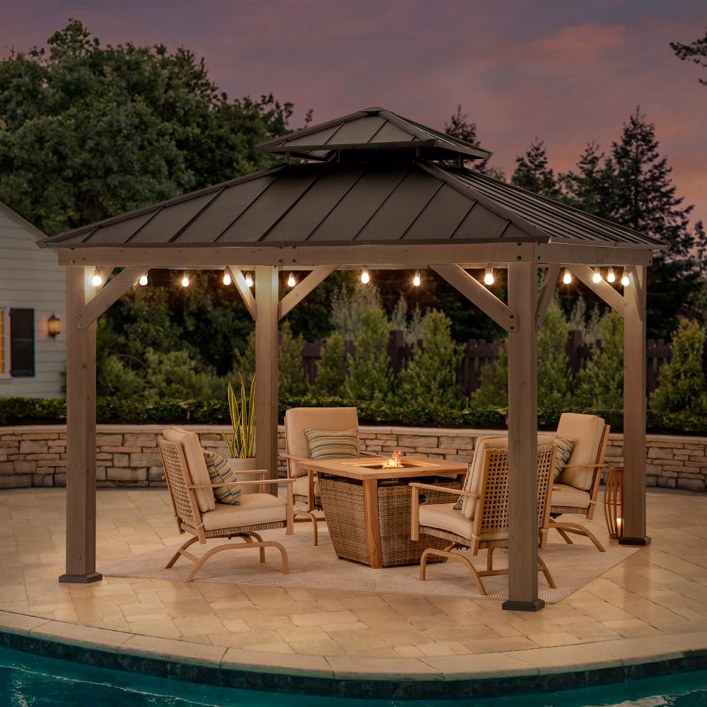 SUNJOY Outdoor Patio 11x11 2-Tier Wooden Frame Backyard Hardtop Gazebo with Ceiling Hook