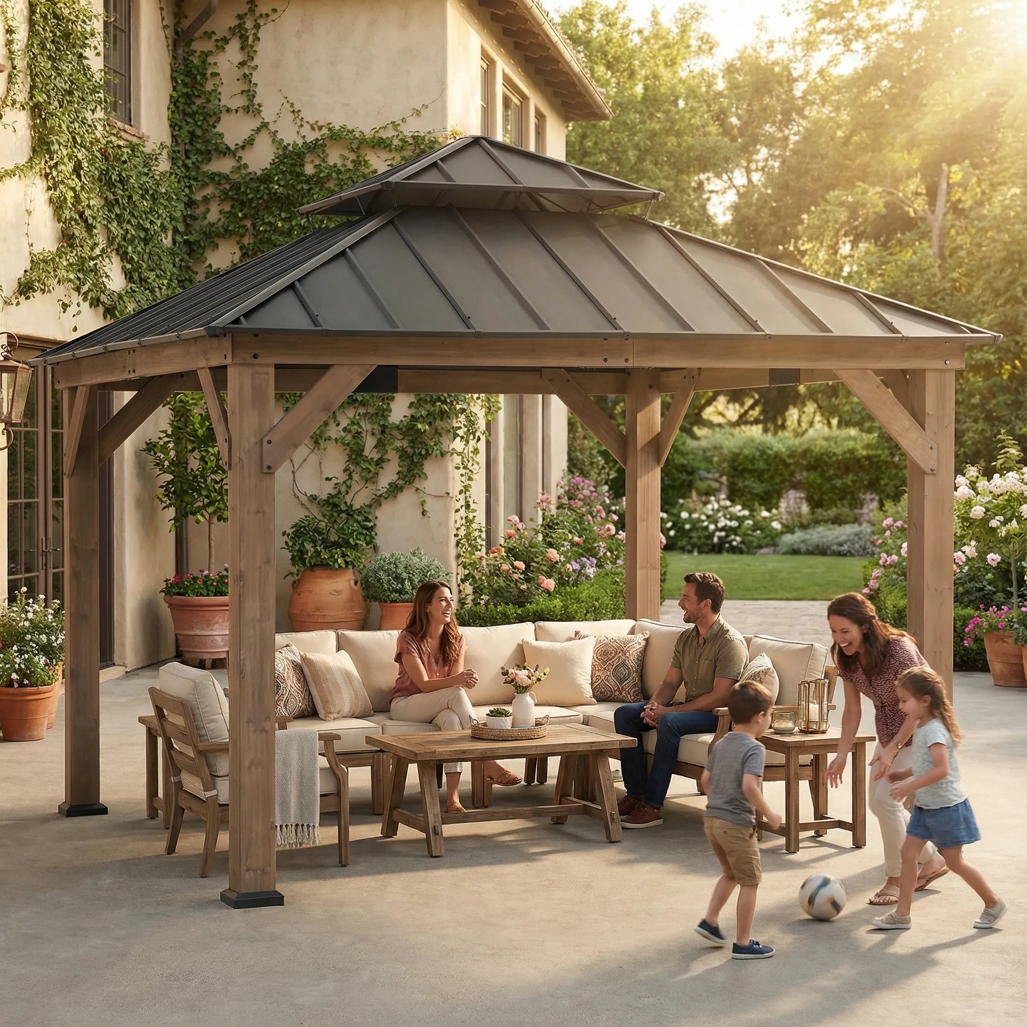 SUNJOY 11x11 Wooden Frame Patio Hardtop Gazebo with Ceiling Hook - Standard Warm Cedar