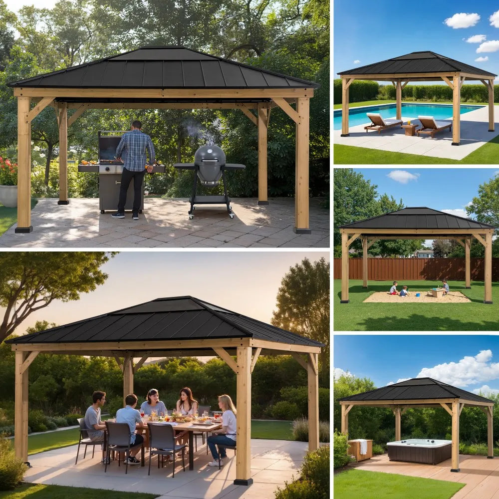 SUNJOY Outdoor Patio 13x15 Wooden Frame Backyard Hardtop Gazebo with Ceiling Hook 