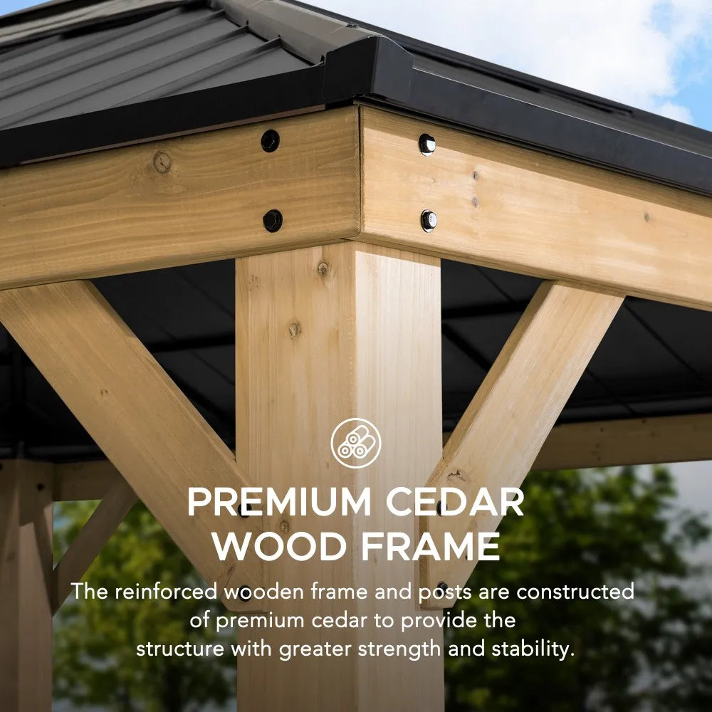 SUNJOY Outdoor Patio 13x15 Wooden Frame Backyard Hardtop Gazebo with Ceiling Hook 