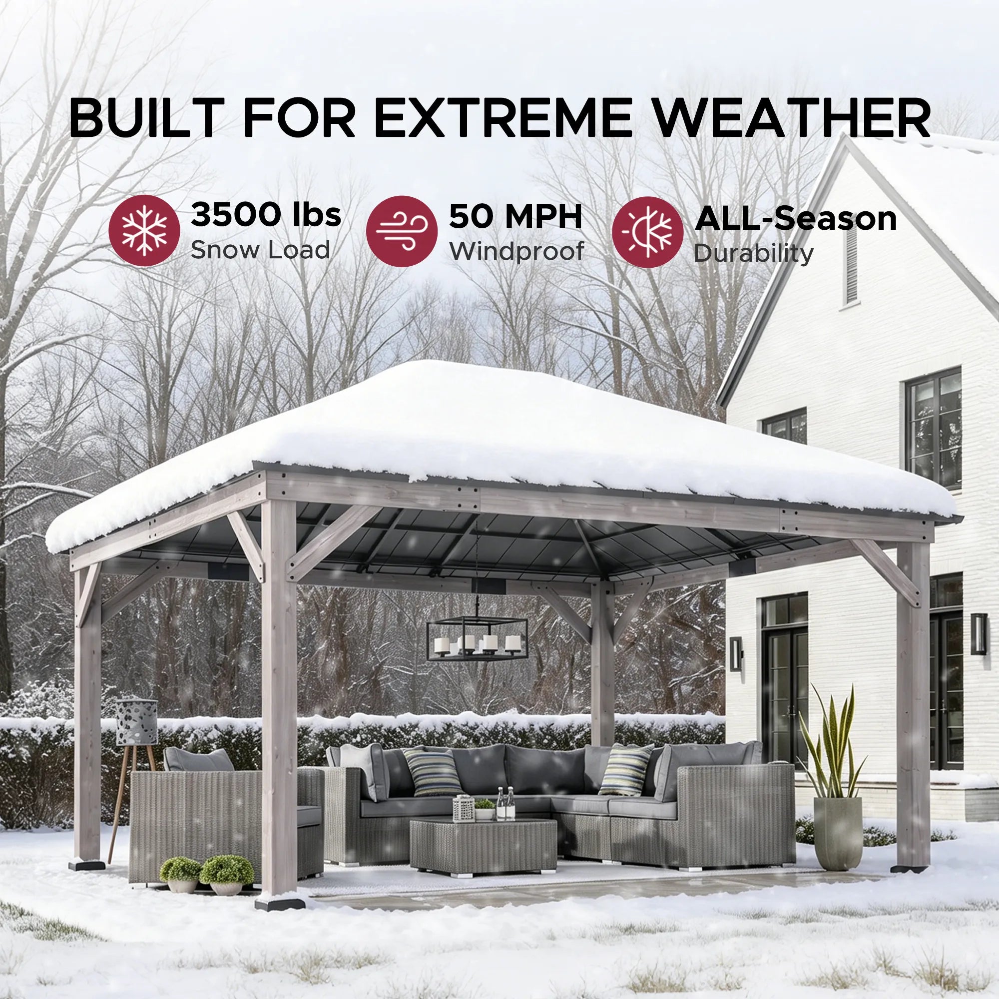 SUNJOY 13x15 Black Steel Roof Wooden Gazebo with Translucent Polycarbonate Skylight - Burly Wood Cedar