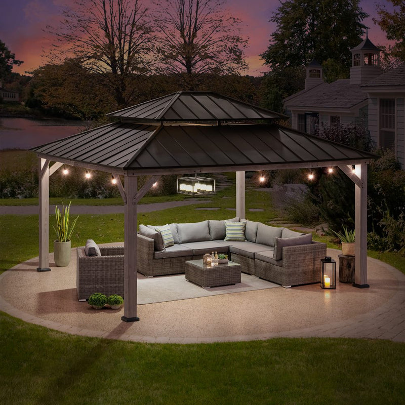 13x15 2-Tier Cedar Wooden Hardtop Patio Gazebo with Ceiling Hook丨SUNJOY Canada