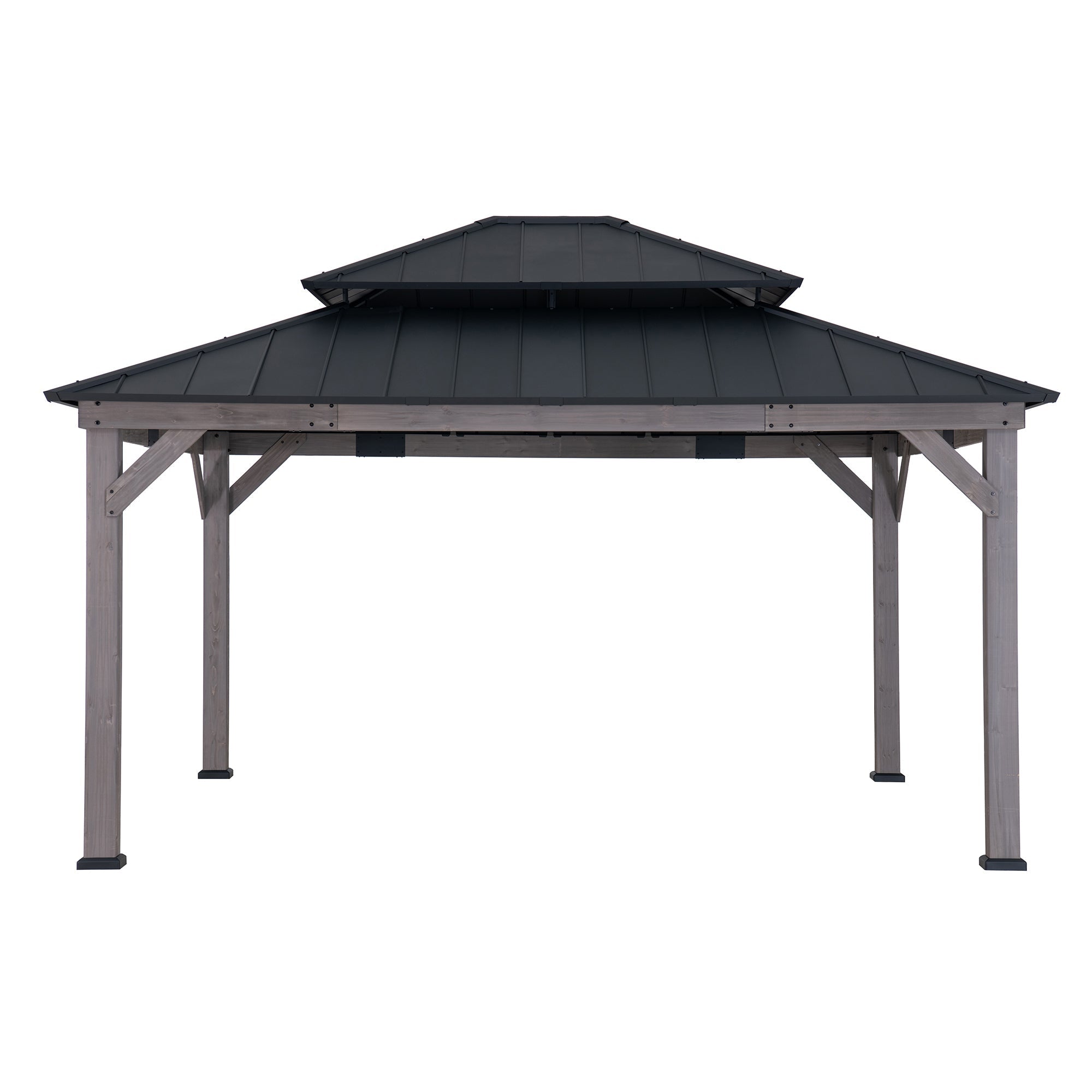 Sunjoy Outdoor Patio 13x15 2-Tier Wooden Frame Backyard Hardtop Gazebo with Ceiling Hook.