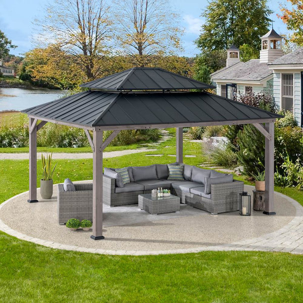 SUNJOY Outdoor Patio 13' x 15' 2-Tier Wooden Frame Backyard Hardtop Gazebo with Ceiling Hook
