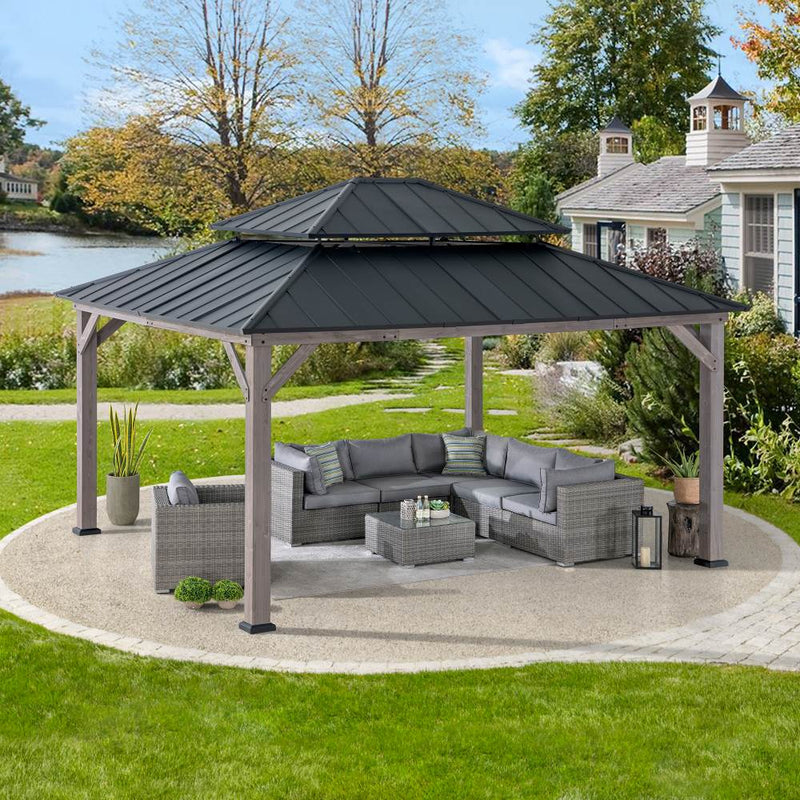 13x15 2-Tier Cedar Wooden Hardtop Patio Gazebo with Ceiling Hook丨SUNJOY Canada
