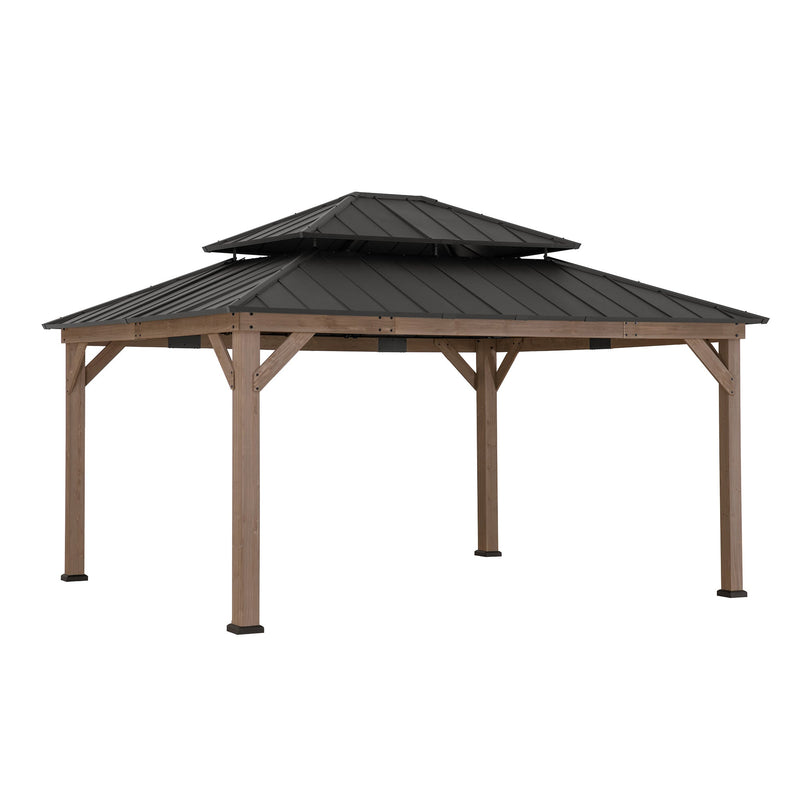 13x15 2-Tier Cedar Wooden Hardtop Patio Gazebo with Ceiling Hook丨SUNJOY Canada
