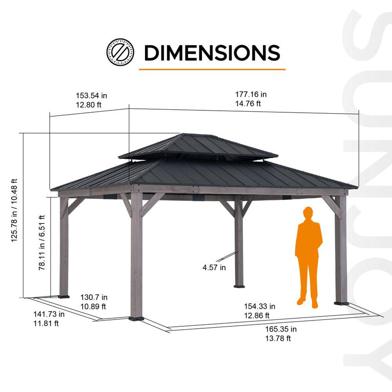 13x15 2-Tier Cedar Wooden Hardtop Patio Gazebo with Ceiling Hook丨SUNJOY Canada