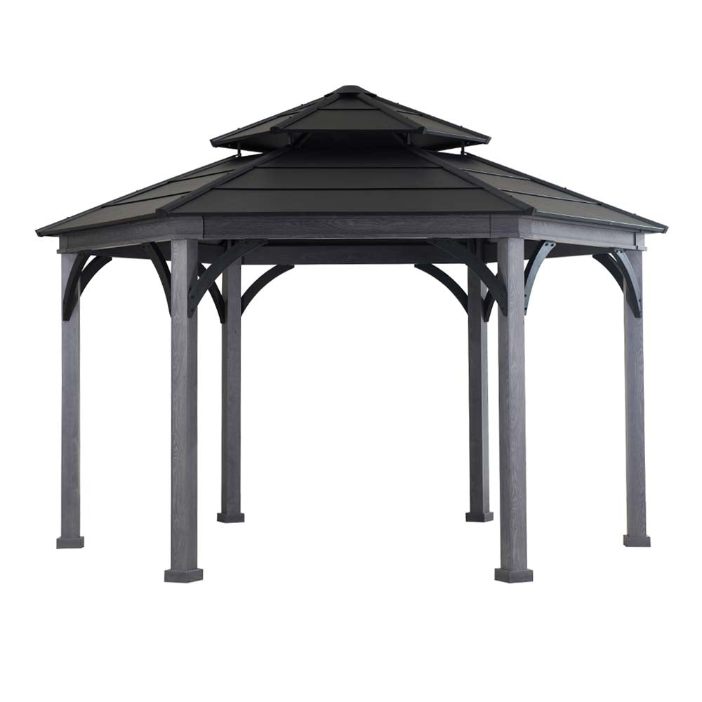 SUNJOY 14.7x14.7 ft. Ashland Hexagon Hardtop Gazebo, Wood Grain Metal Gazebo with Aluminum Roof and Ceiling Hook