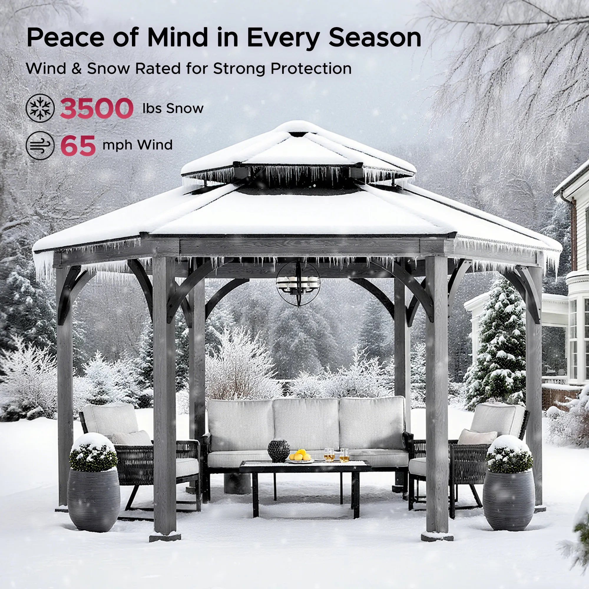 SUNJOY 14.7x14.7 ft. Ashland Hexagon Hardtop Gazebo, Wood Grain Metal Gazebo with Aluminum Roof and Ceiling Hook
