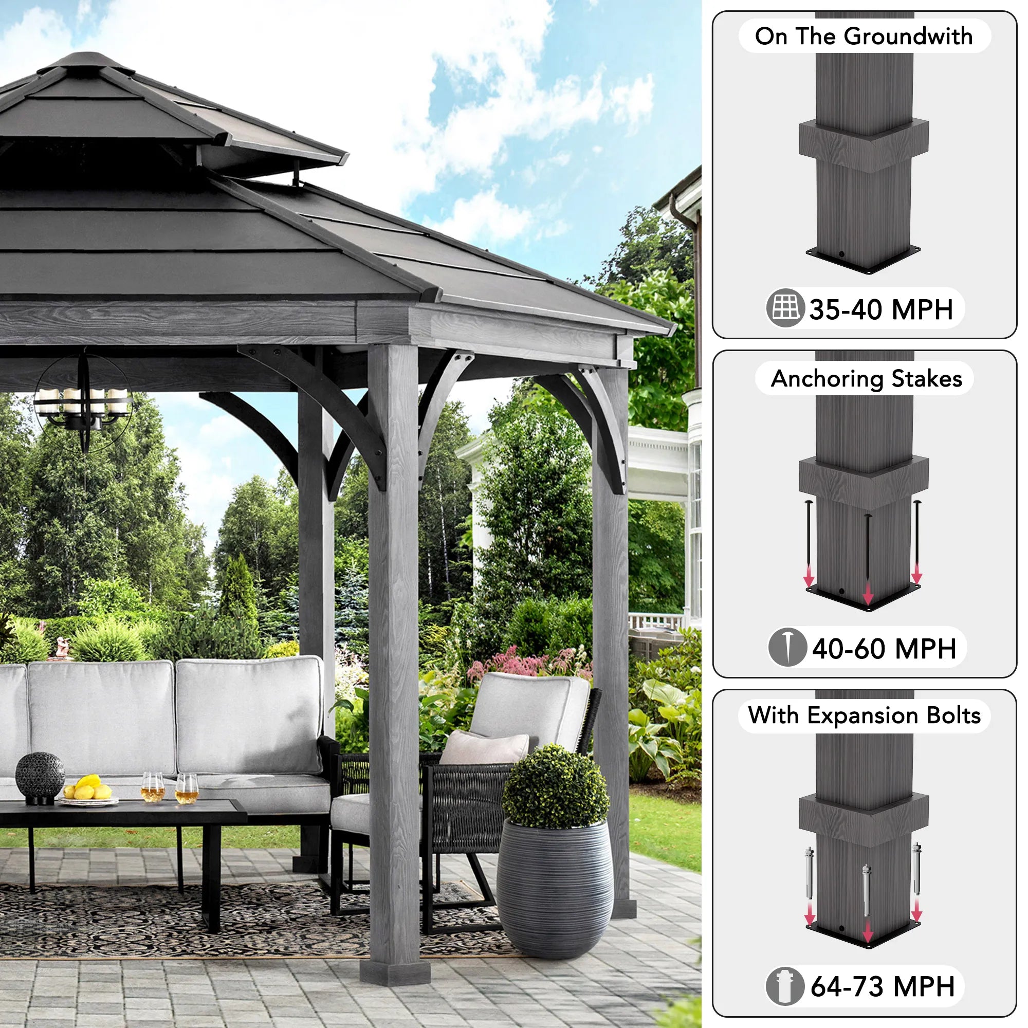 SUNJOY 14.7x14.7 ft. Ashland Hexagon Hardtop Gazebo, Wood Grain Metal Gazebo with Aluminum Roof and Ceiling Hook
