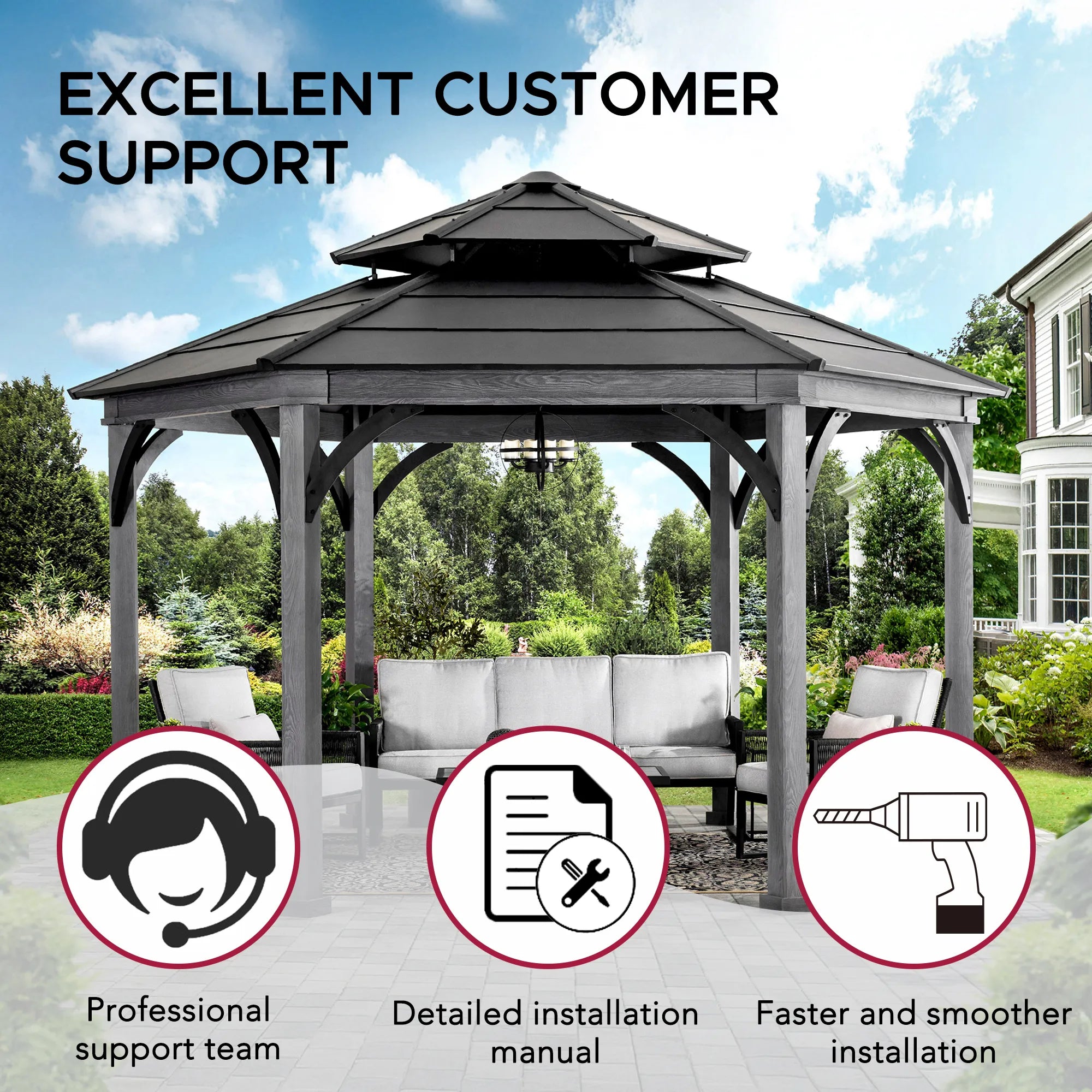 SUNJOY 14.7x14.7 ft. Ashland Hexagon Hardtop Gazebo, Wood Grain Metal Gazebo with Aluminum Roof and Ceiling Hook