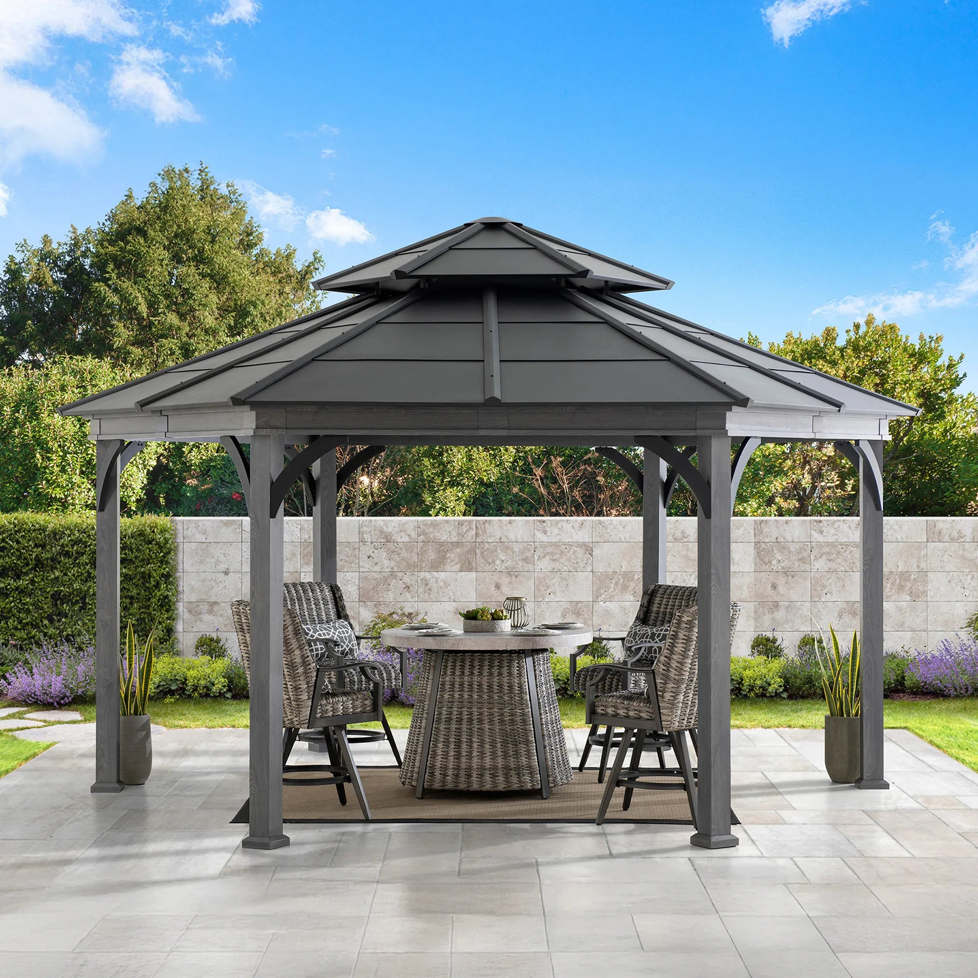 SUNJOY 16x18 Ashland Hexagon Hardtop Gazebo, Wood Grain Metal Gazebo with Aluminum Roof and Ceiling Hook