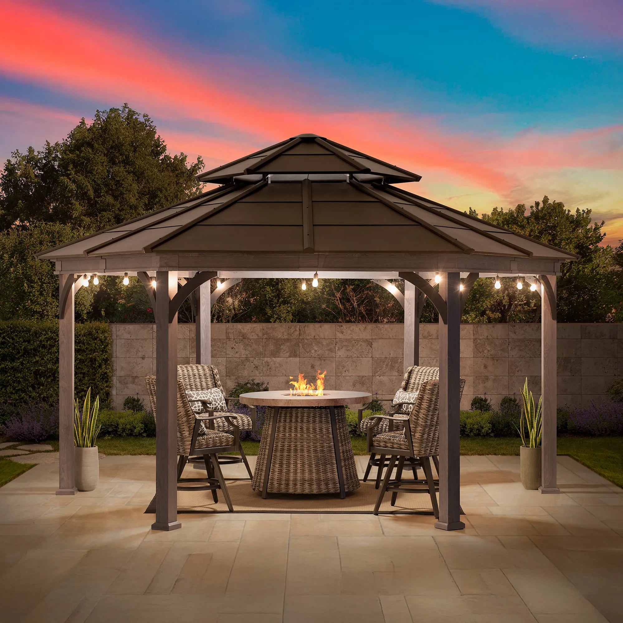 SUNJOY 16x18 Ashland Hexagon Hardtop Gazebo, Wood Grain Metal Gazebo with Aluminum Roof and Ceiling Hook