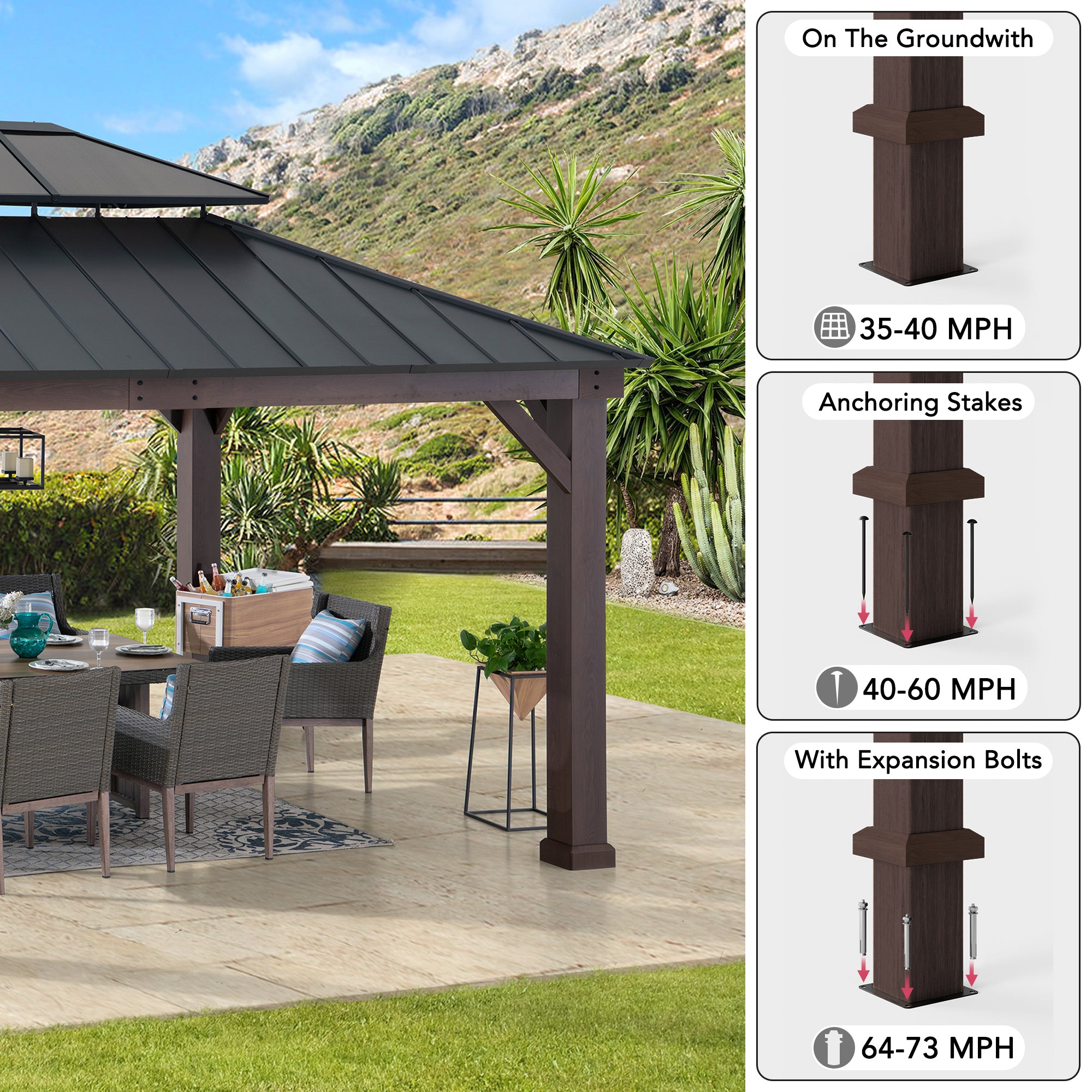 SUNJOY 13x15 Hardtop Gazebo, Wood Grain Aluminum Frame Metal Gazebo with 2-Tier Steel Roof and Hook 