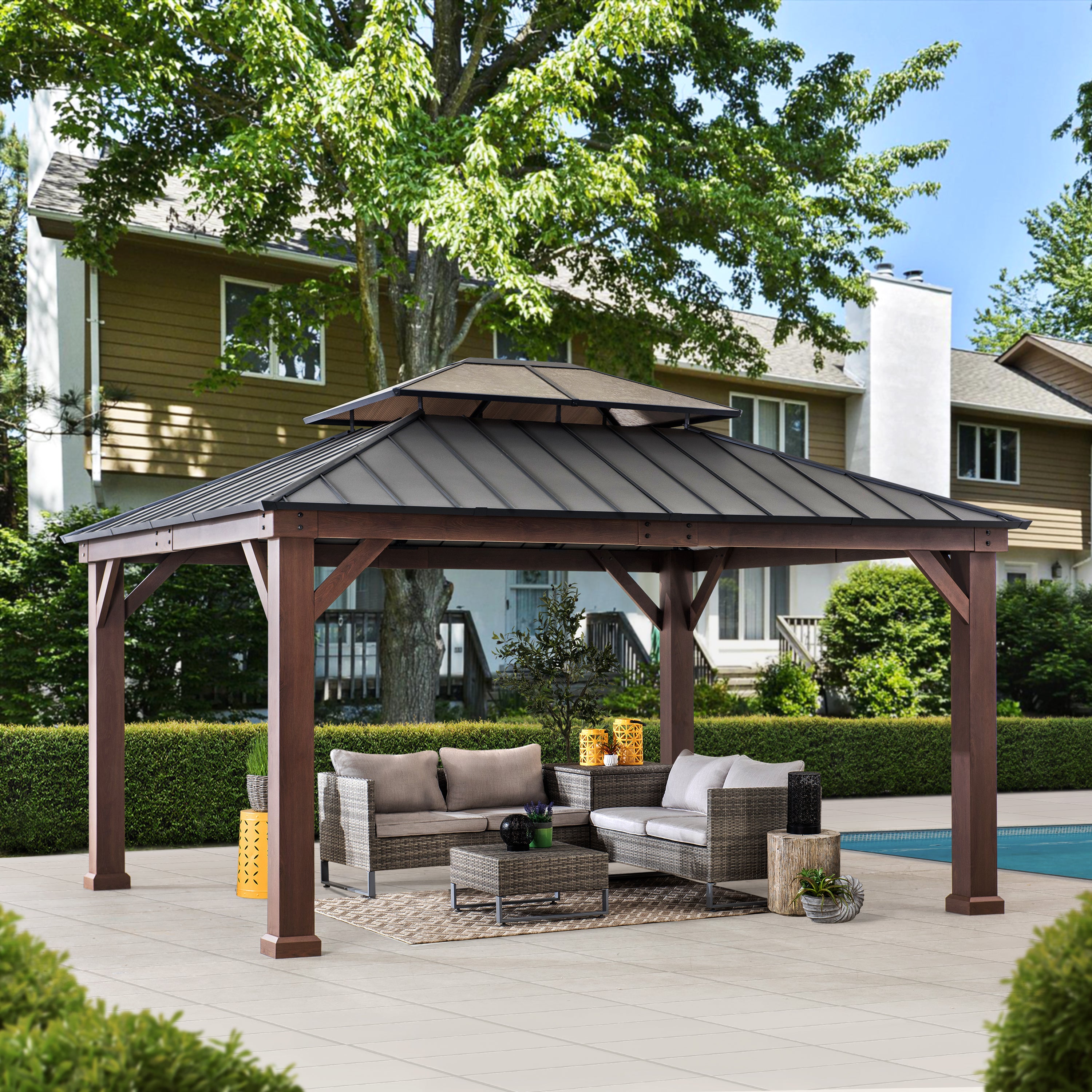 SUNJOY 13x15 Hardtop Gazebo, Wood Grain Aluminum Frame Metal Gazebo with 2-Tier Steel Roof and Hook