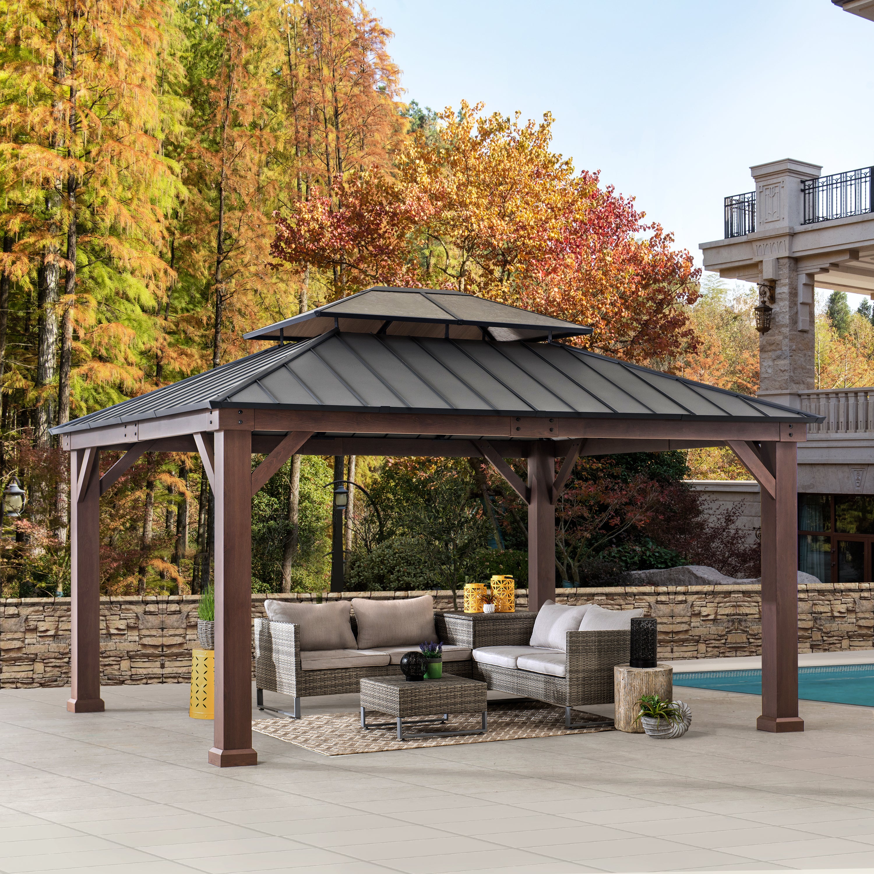 SUNJOY 13x15 Hardtop Gazebo, Wood Grain Aluminum Frame Metal Gazebo with 2-Tier Steel Roof and Hook