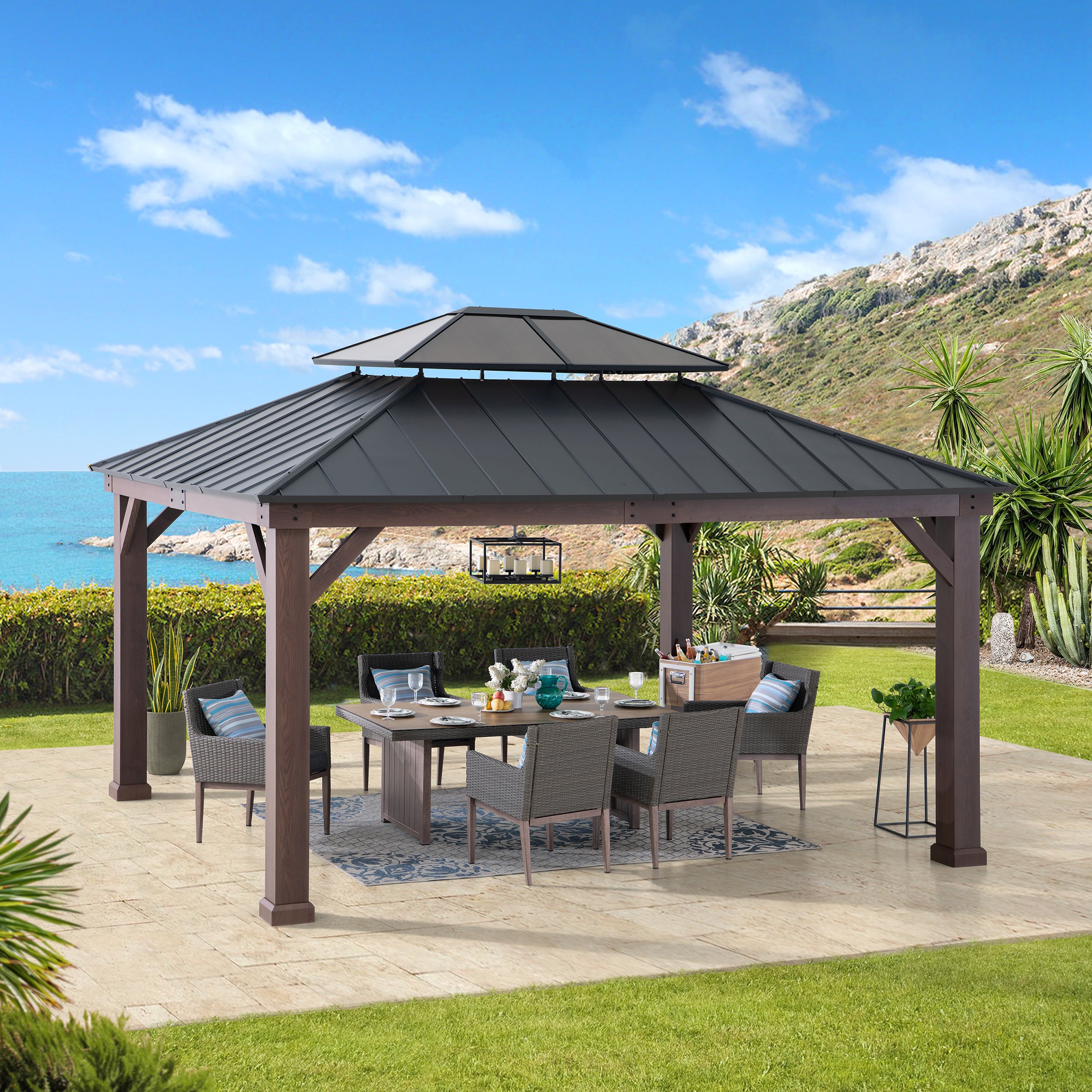 SUNJOY 13x15 Hardtop Gazebo, Wood Grain Aluminum Frame Metal Gazebo with 2-Tier Steel Roof and Hook 