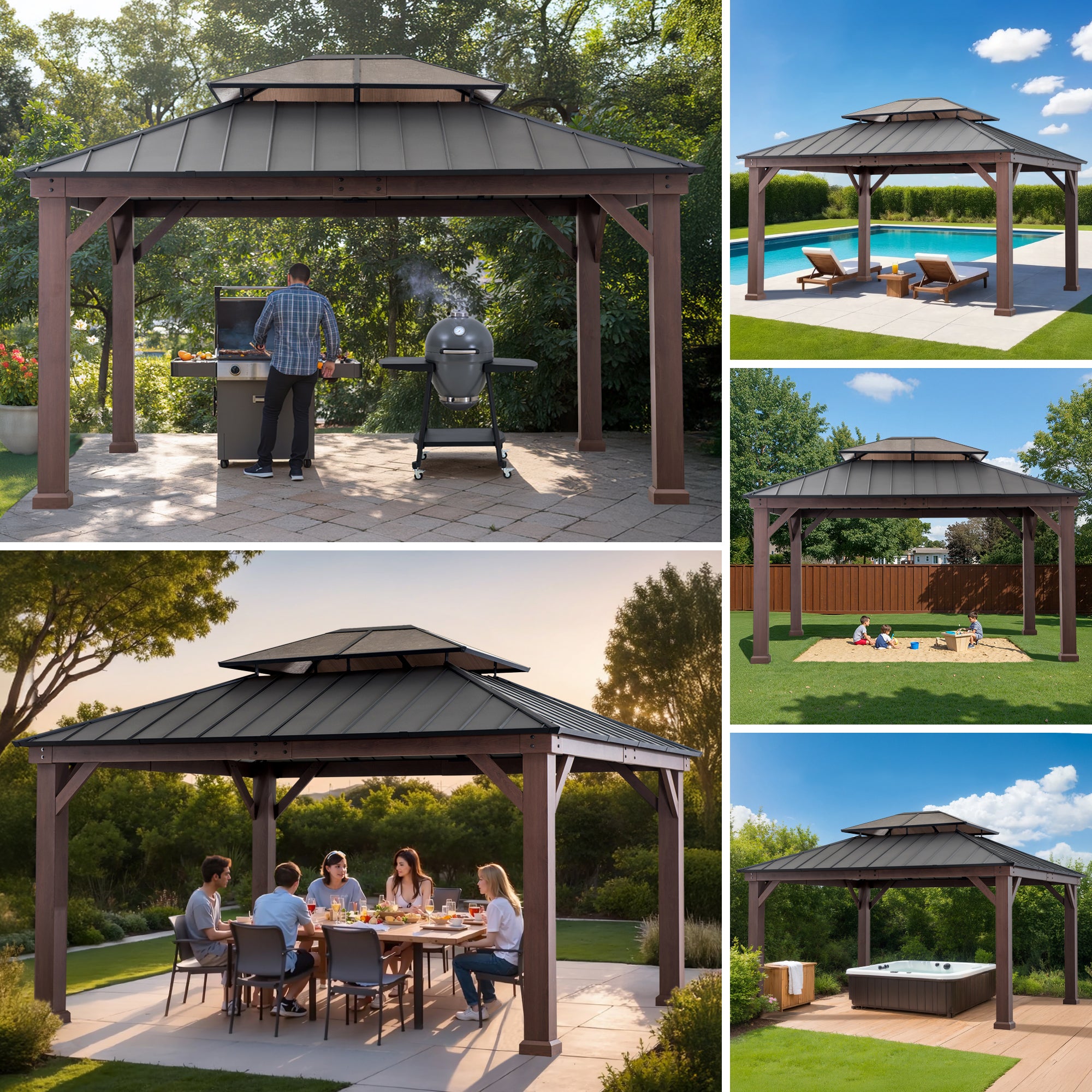 SUNJOY 13x15 Hardtop Gazebo, Wood Grain Aluminum Frame Metal Gazebo with 2-Tier Steel Roof and Hook