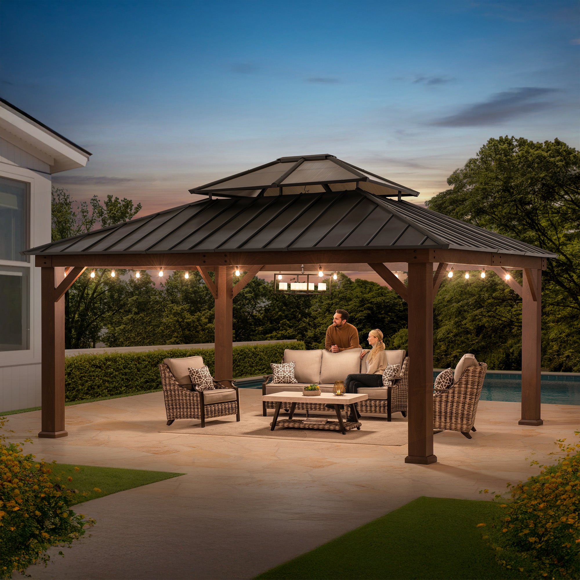 SUNJOY 13x15 Hardtop Gazebo, Wood Grain Aluminum Frame Metal Gazebo with 2-Tier Steel Roof and Hook 