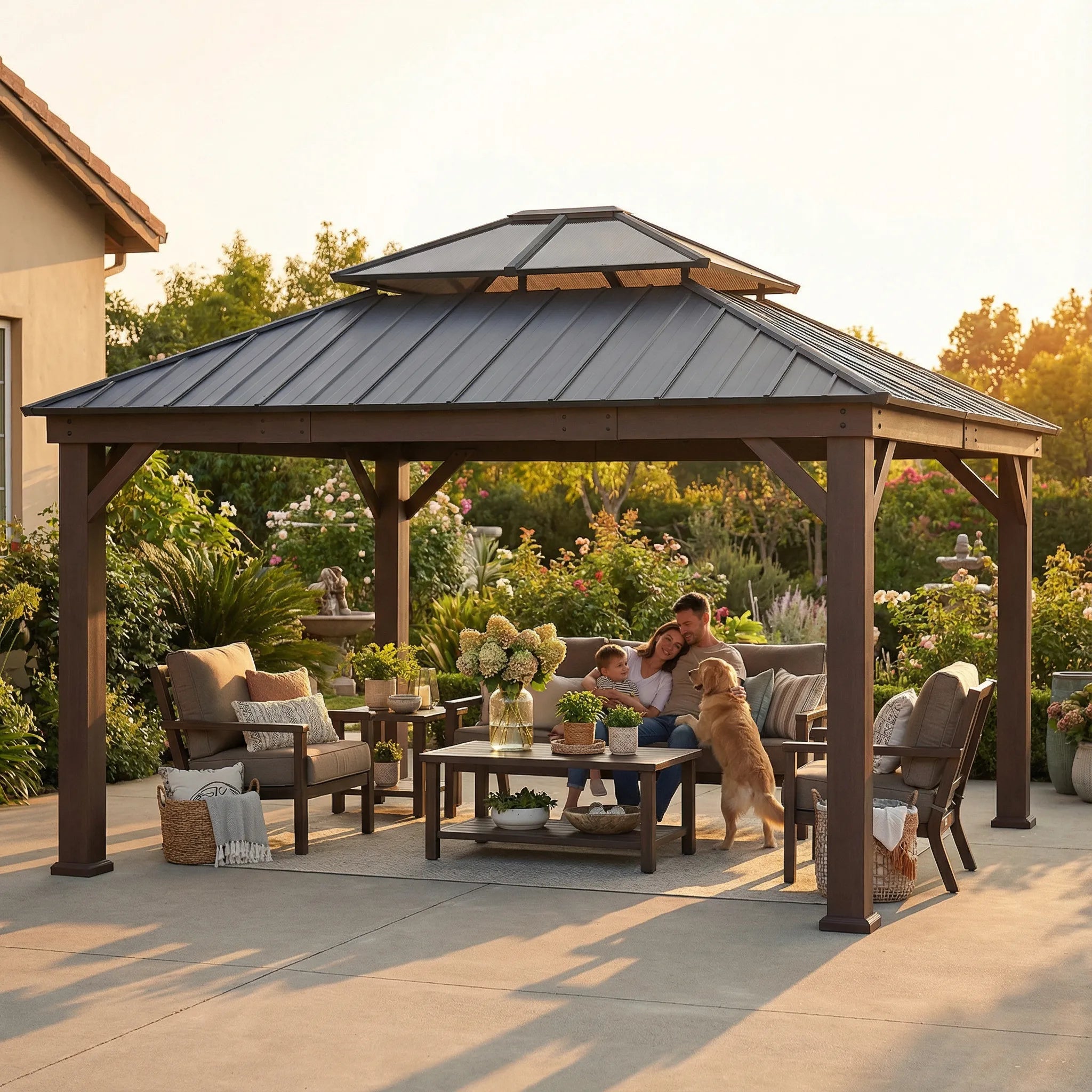 SUNJOY 16x18 Wood Grain Aluminum Frame Metal Gazebo with 2-Tier Roof and Hook 