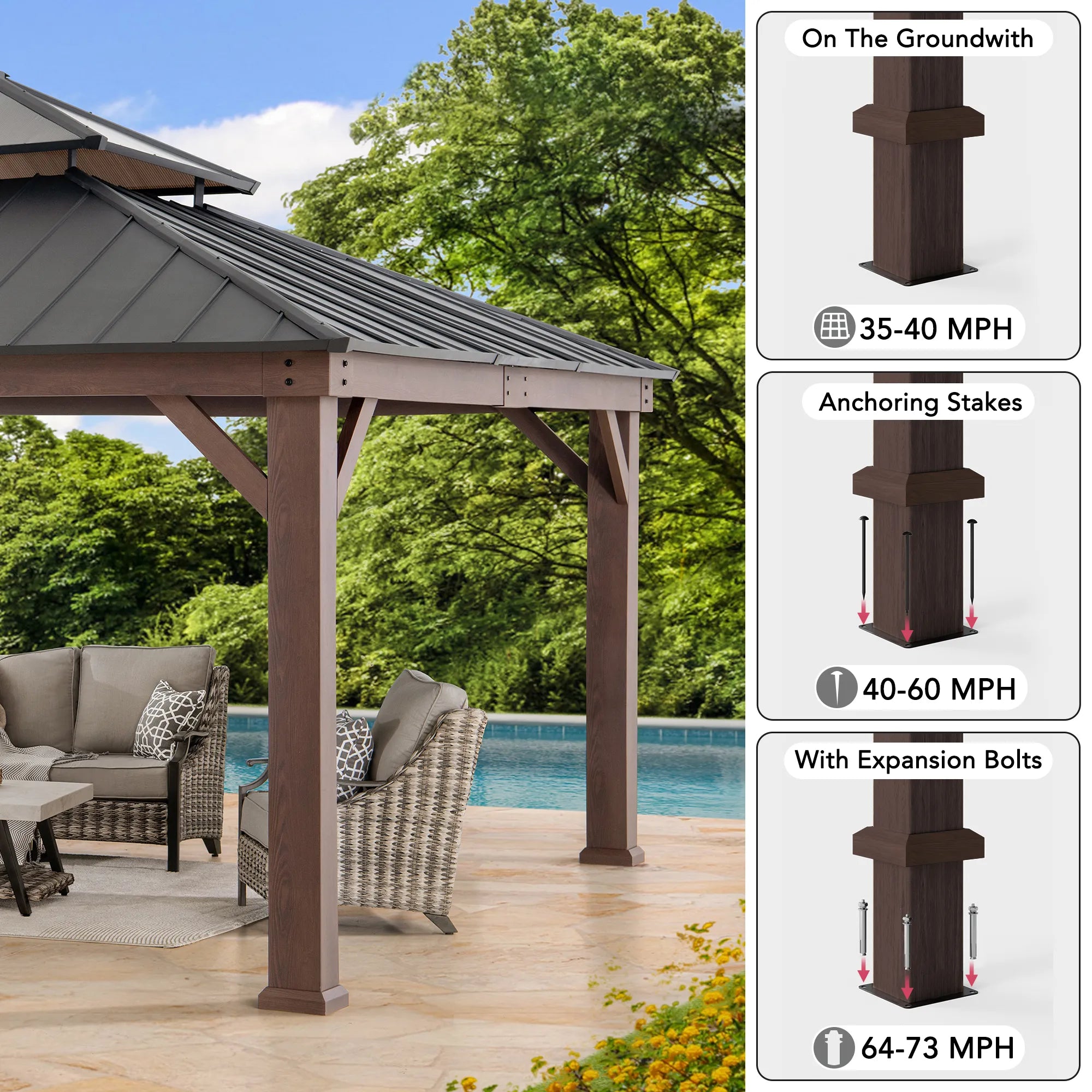 SUNJOY 16x18 Wood Grain Aluminum Frame Metal Gazebo with 2-Tier Roof and Hook