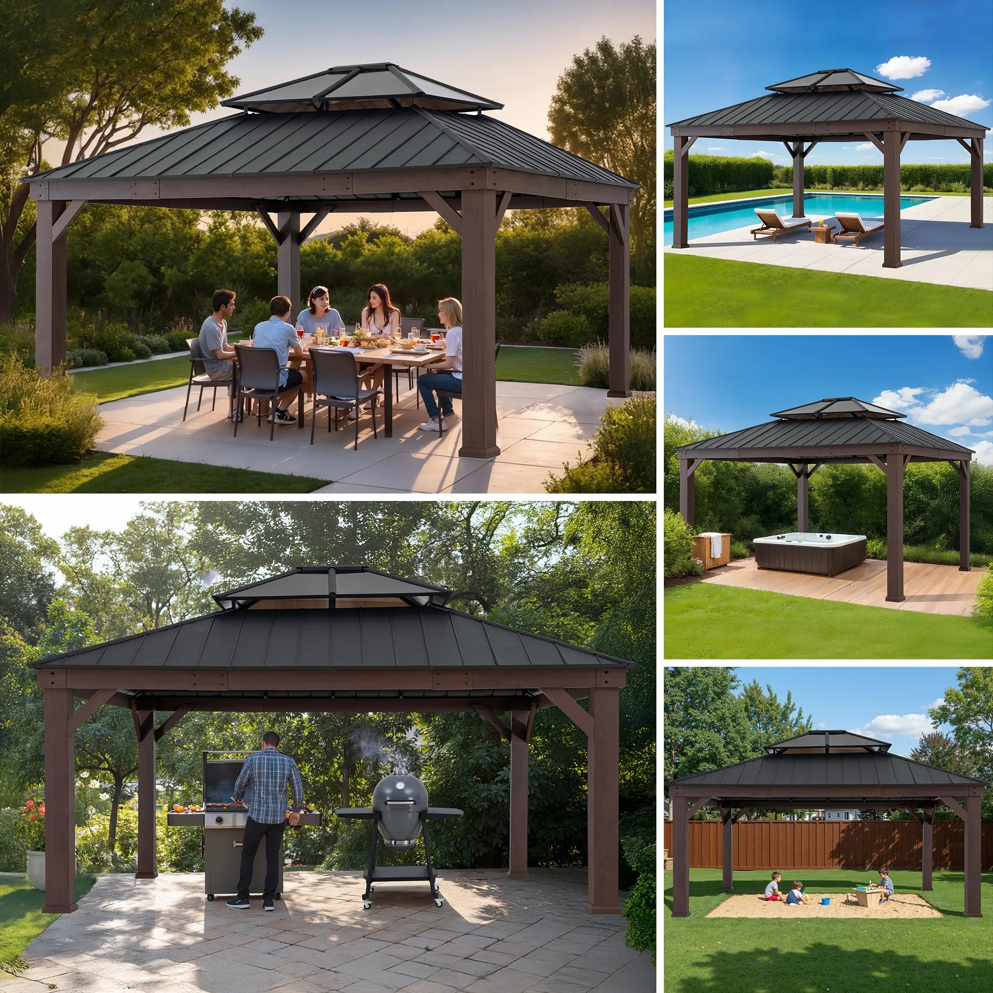 SUNJOY 16x18 Wood Grain Aluminum Frame Metal Gazebo with 2-Tier Roof and Hook