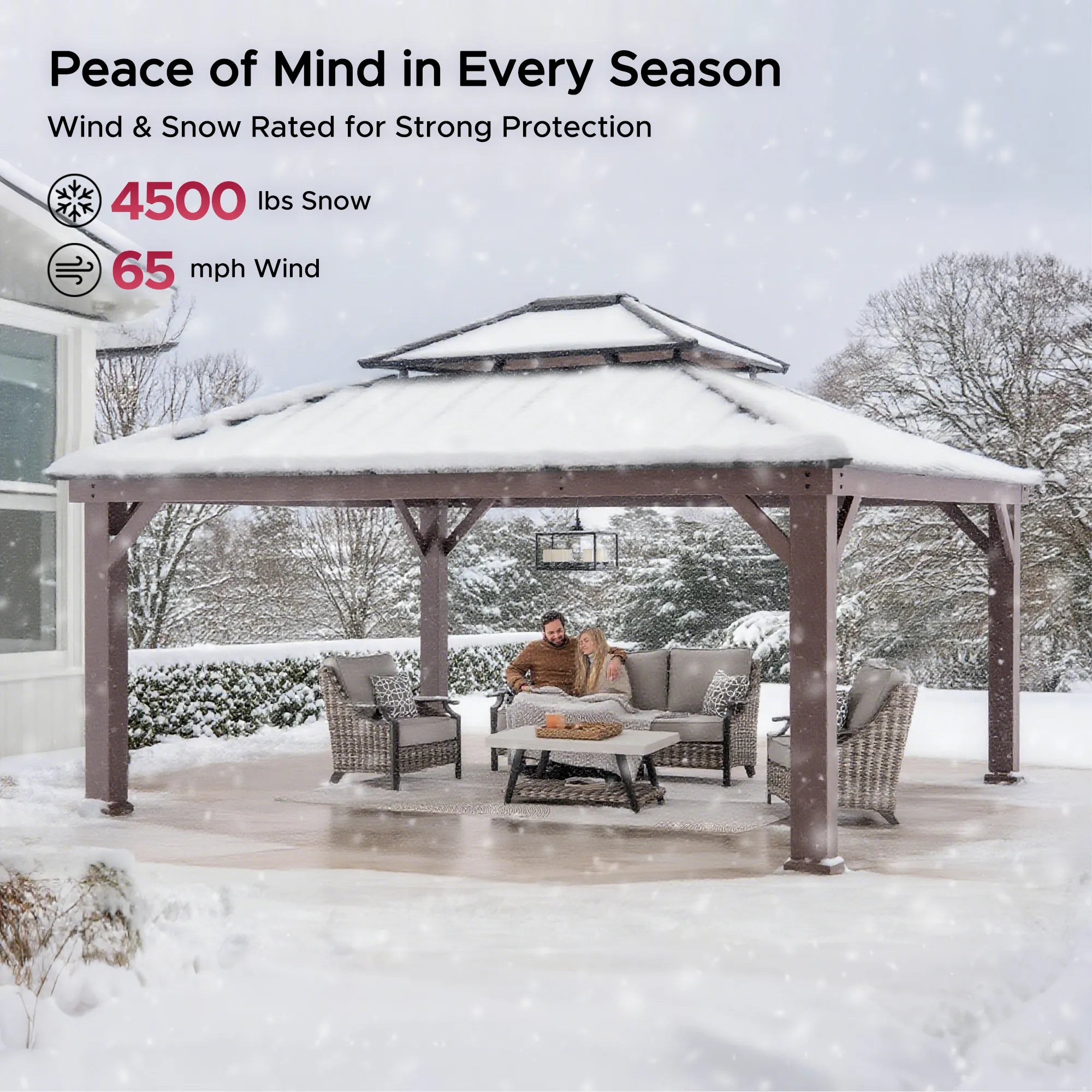 SUNJOY 16x18 Wood Grain Aluminum Frame Metal Gazebo with 2-Tier Roof and Hook