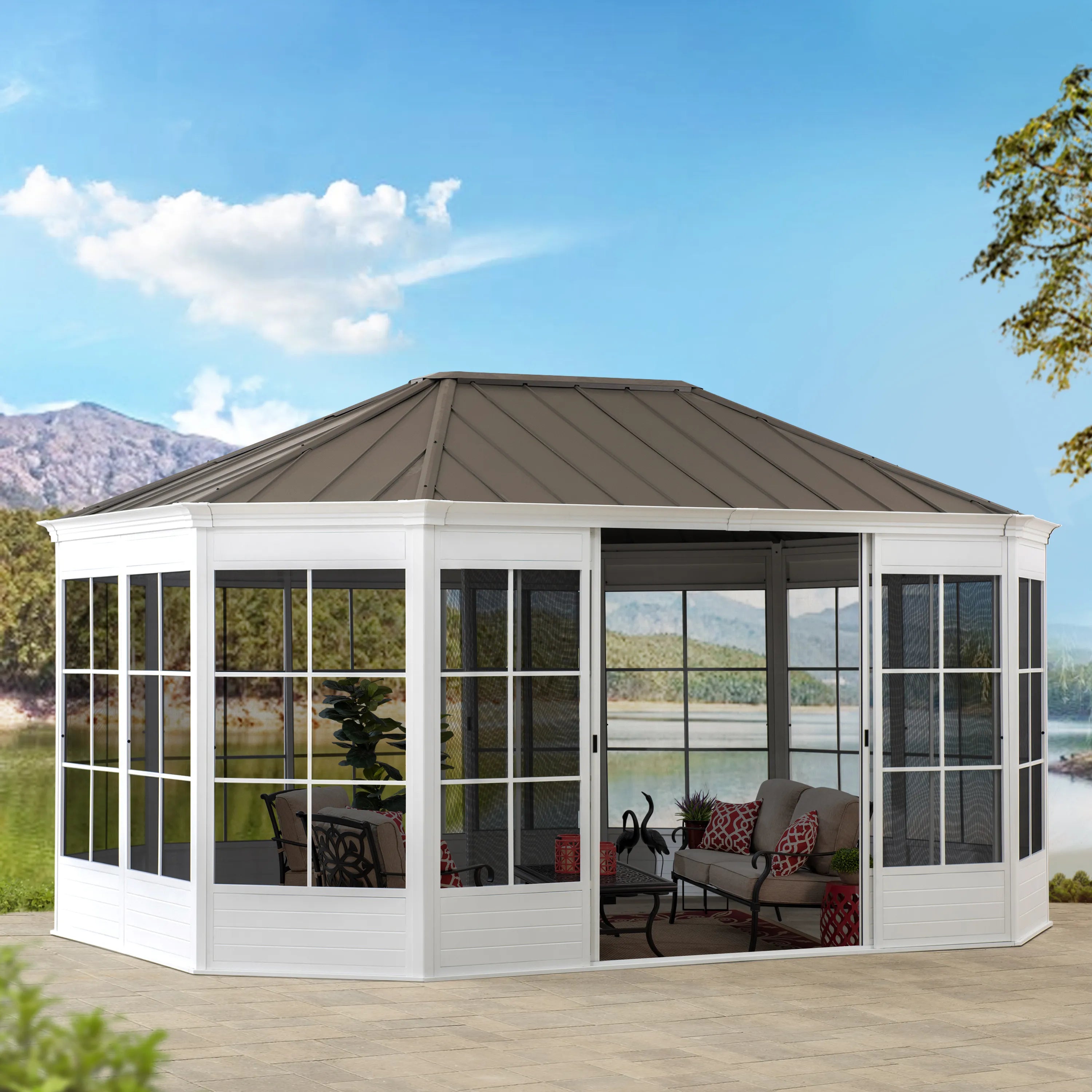 SUNJOY 12 ft. x 16 ft. Cape Blue Hardtop Screenhouse - White/Tan