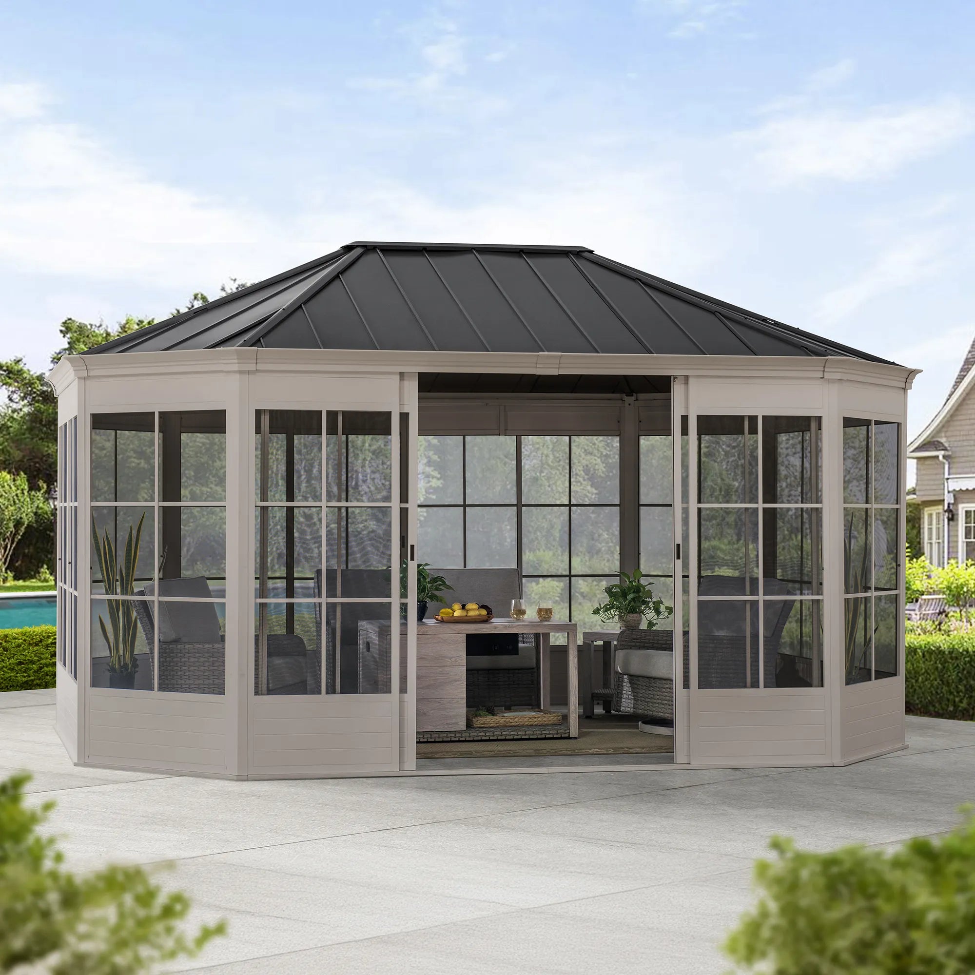 SUNJOY 12 ft. x 16 ft. Cape Blue Hardtop Screenhouse - White/Tan