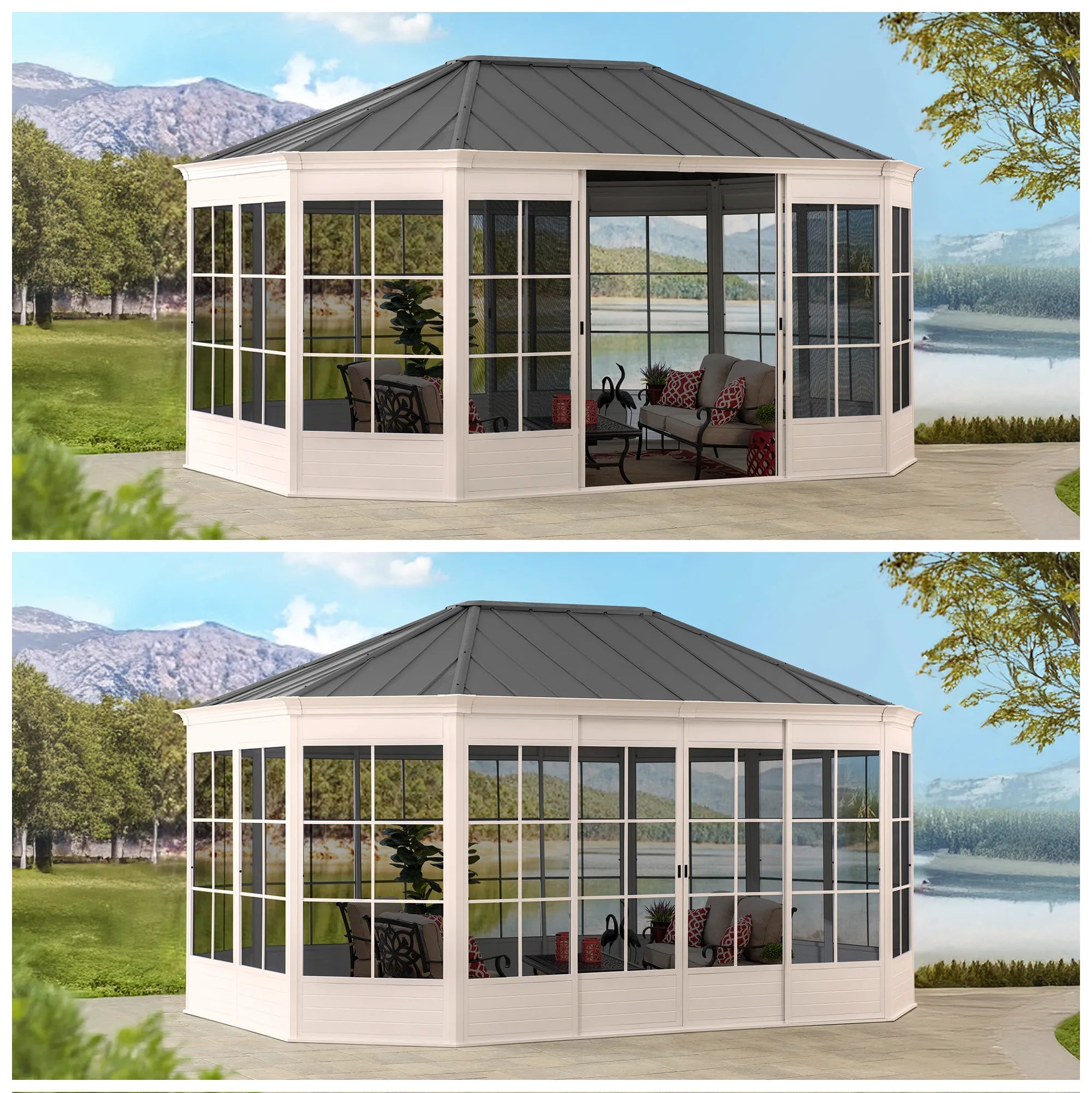 SUNJOY 12 ft. x 16 ft. Cape Blue Hardtop Screenhouse - White/Tan
