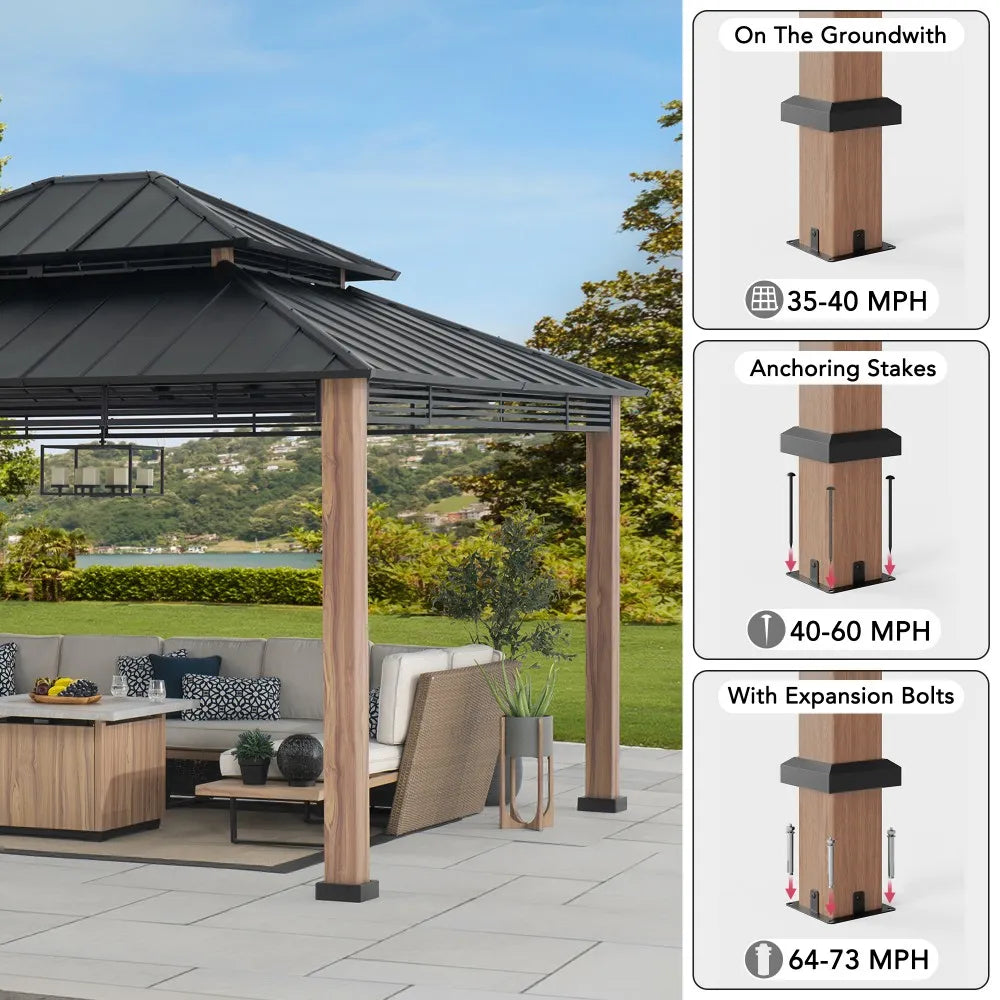 SUNJOY Outdoor Patio 13x15 Black 2-Tier Steel Backyard Hardtop Gazebo with Metal Ceiling Hook 